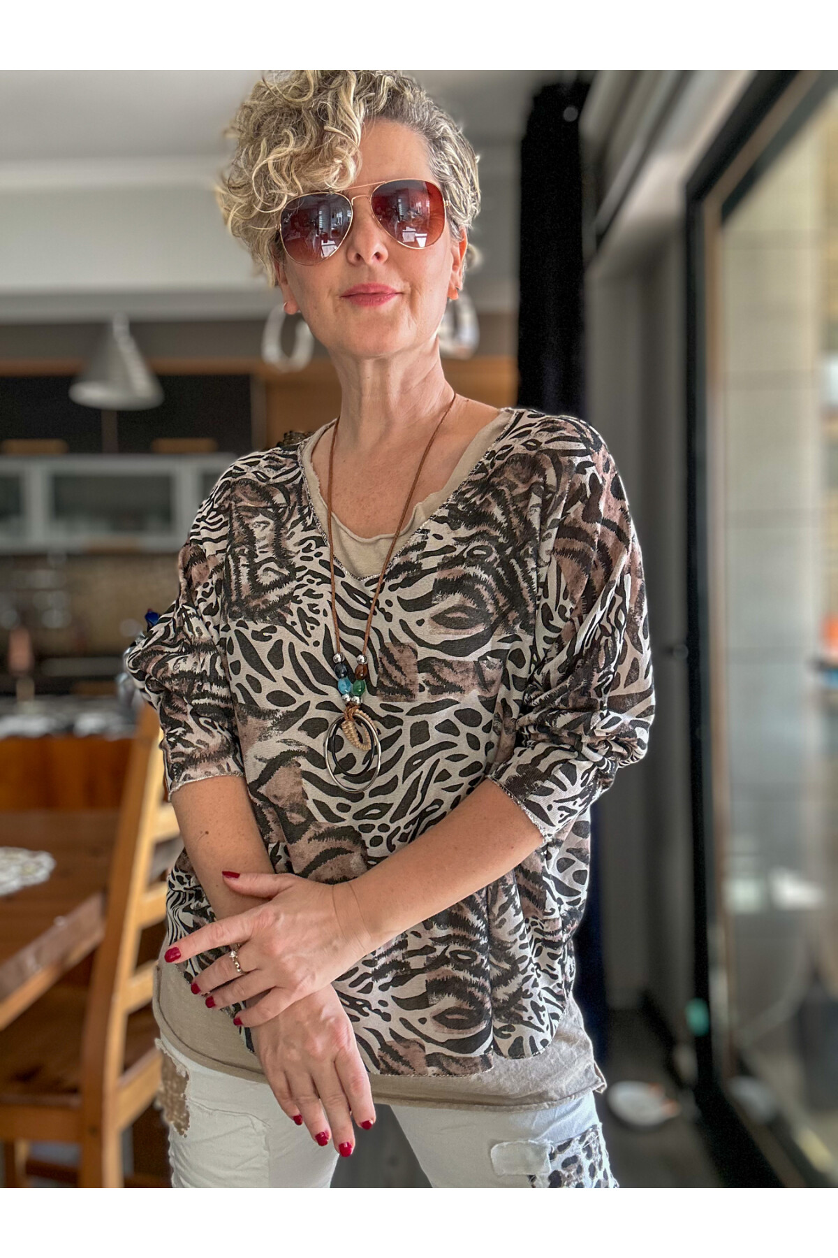 Vino İtalyan Kaplan Desen Kolyeli Bluz Takım Beige