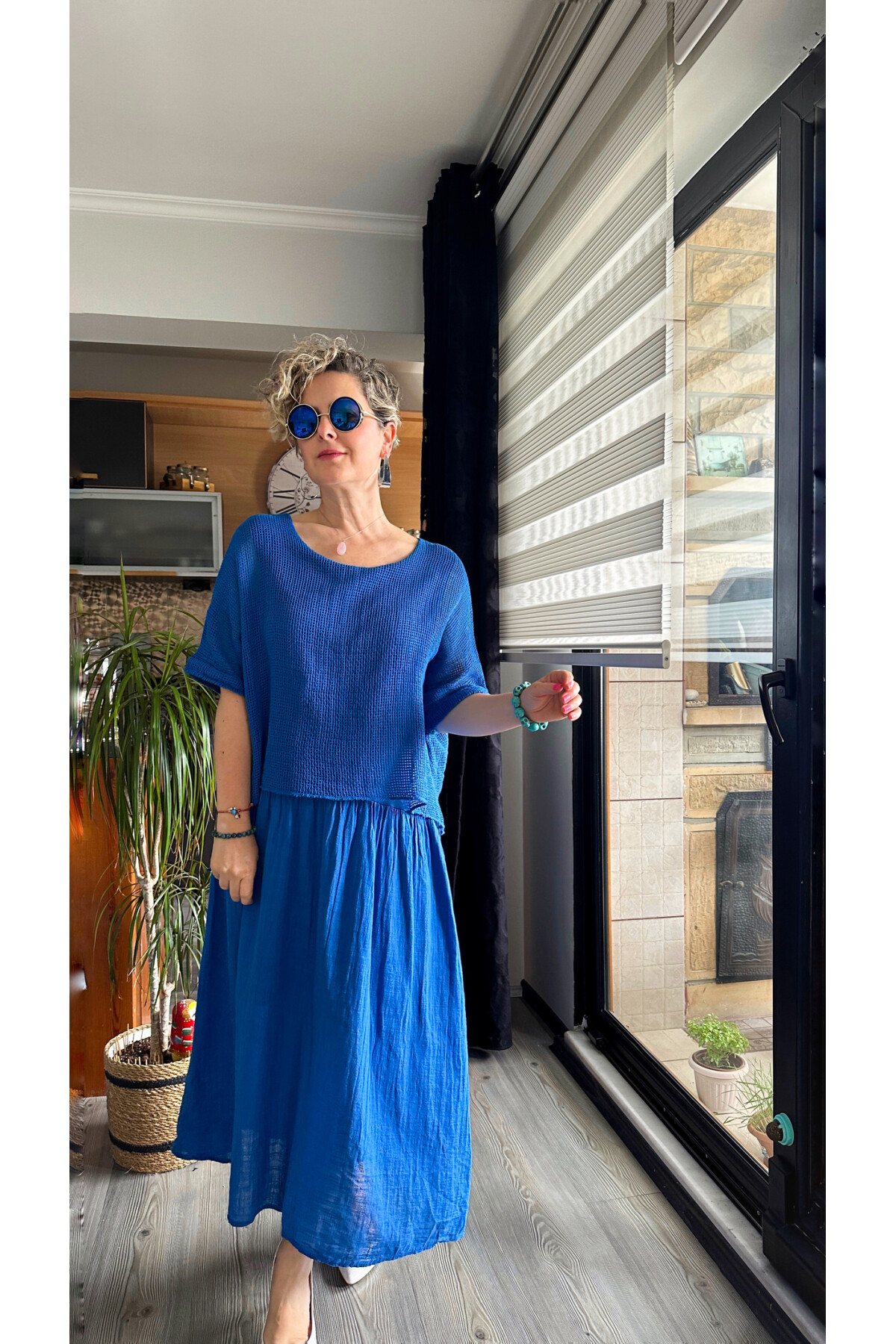 Abitare İtalyan Fisto File Detay Vip Elbise Saks Mavi