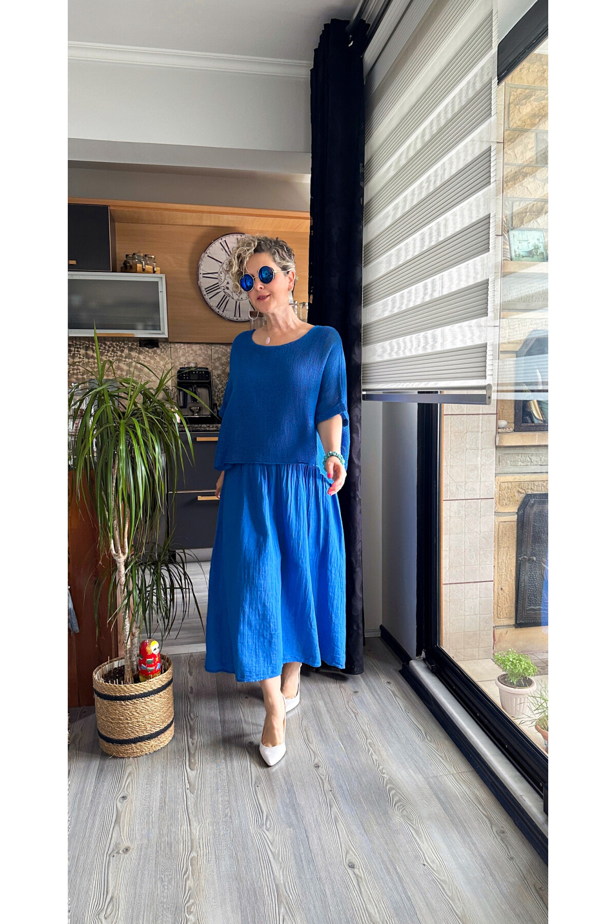 Abitare İtalyan Fisto File Detay Vip Elbise Saks Mavi