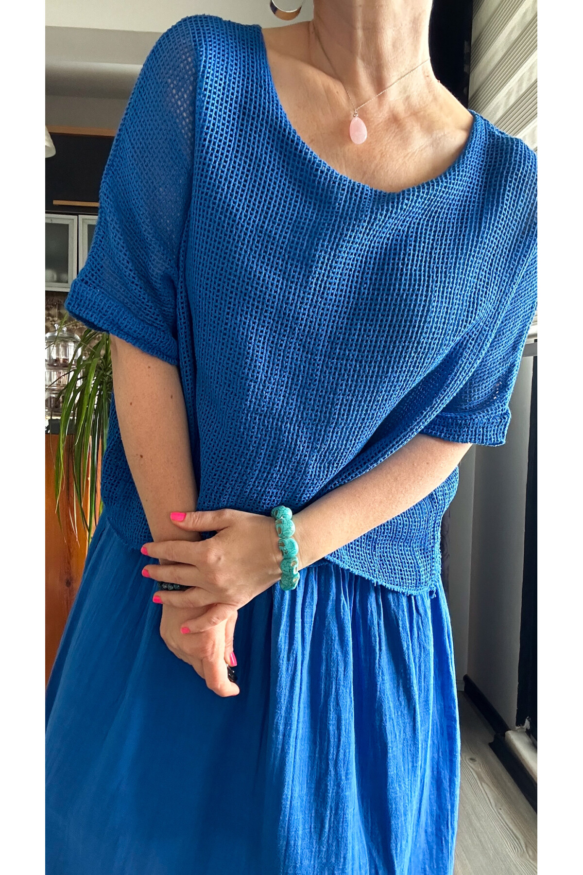 Abitare İtalyan Fisto File Detay Vip Elbise Saks Mavi