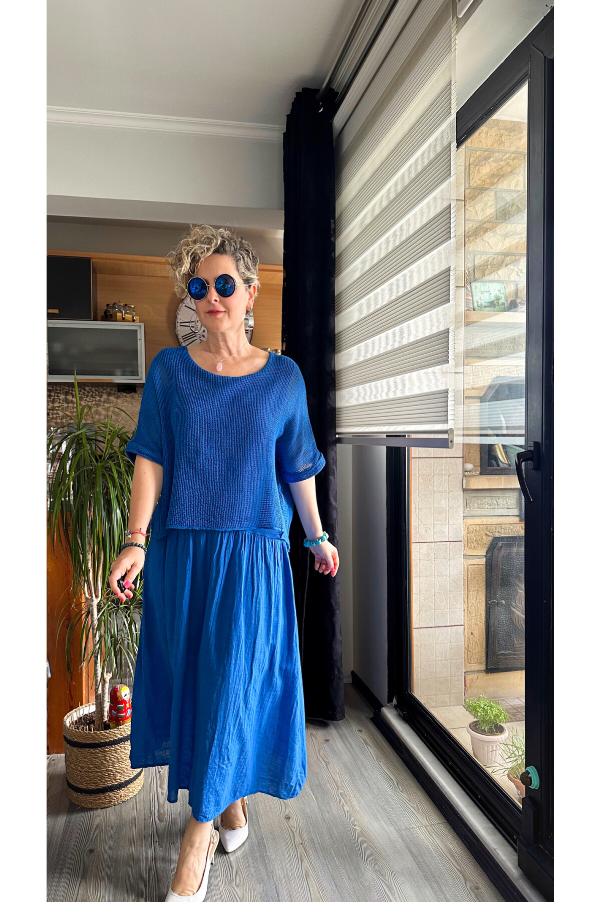 Abitare İtalyan Fisto File Detay Vip Elbise Saks Mavi