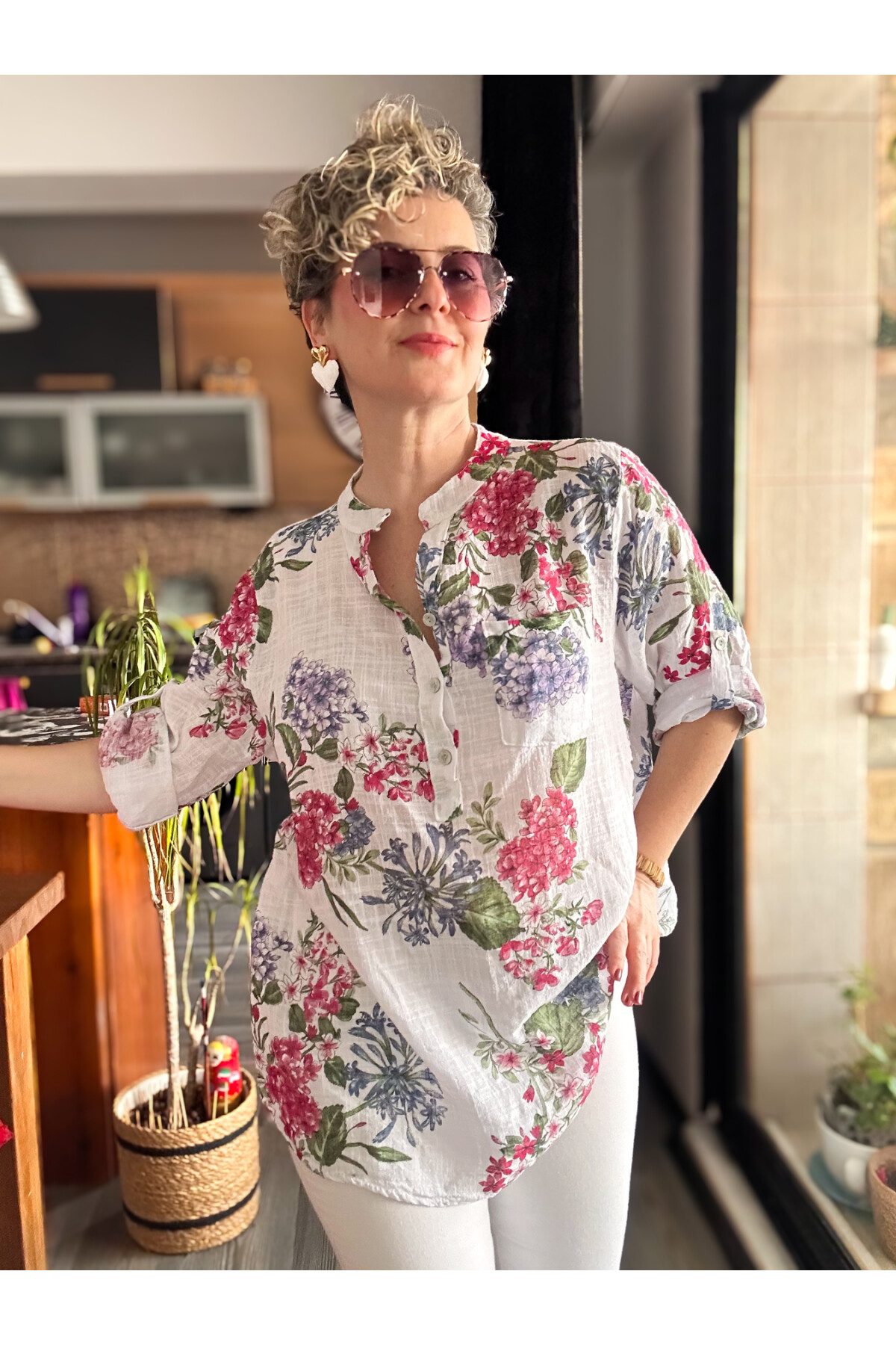 Alto Ortanca Desen İtalyan Gömlek Beyaz