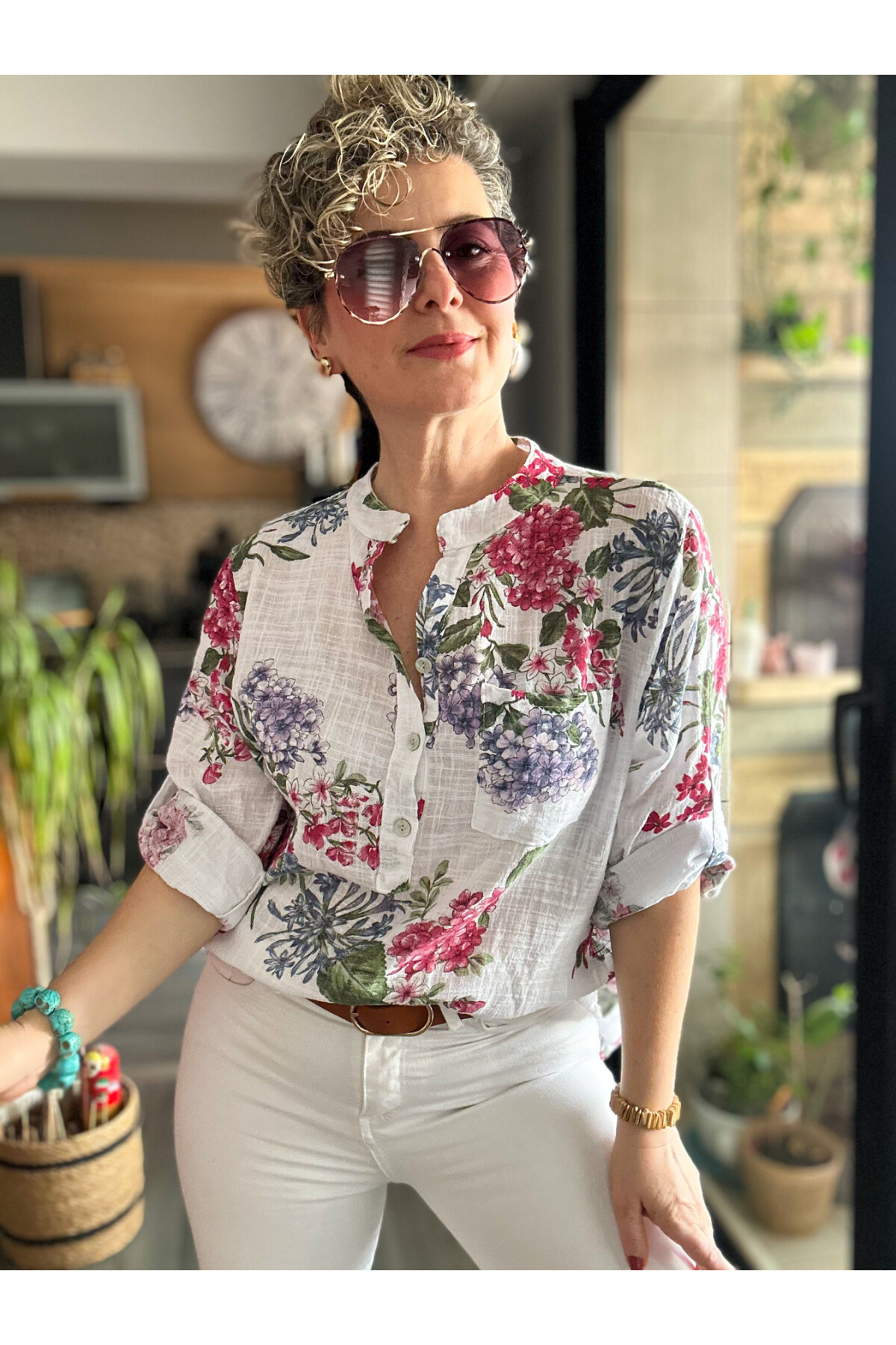 Alto Ortanca Desen İtalyan Gömlek Beyaz