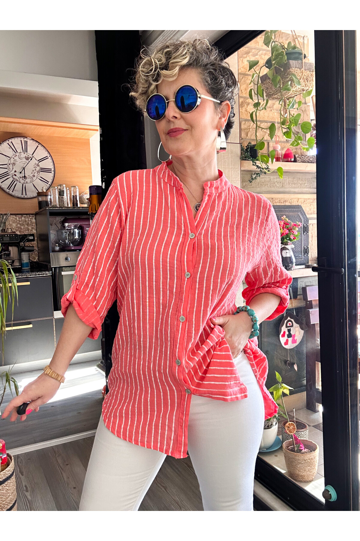 Bippa Çizgili Desen İtalyan Gömlek Mercan