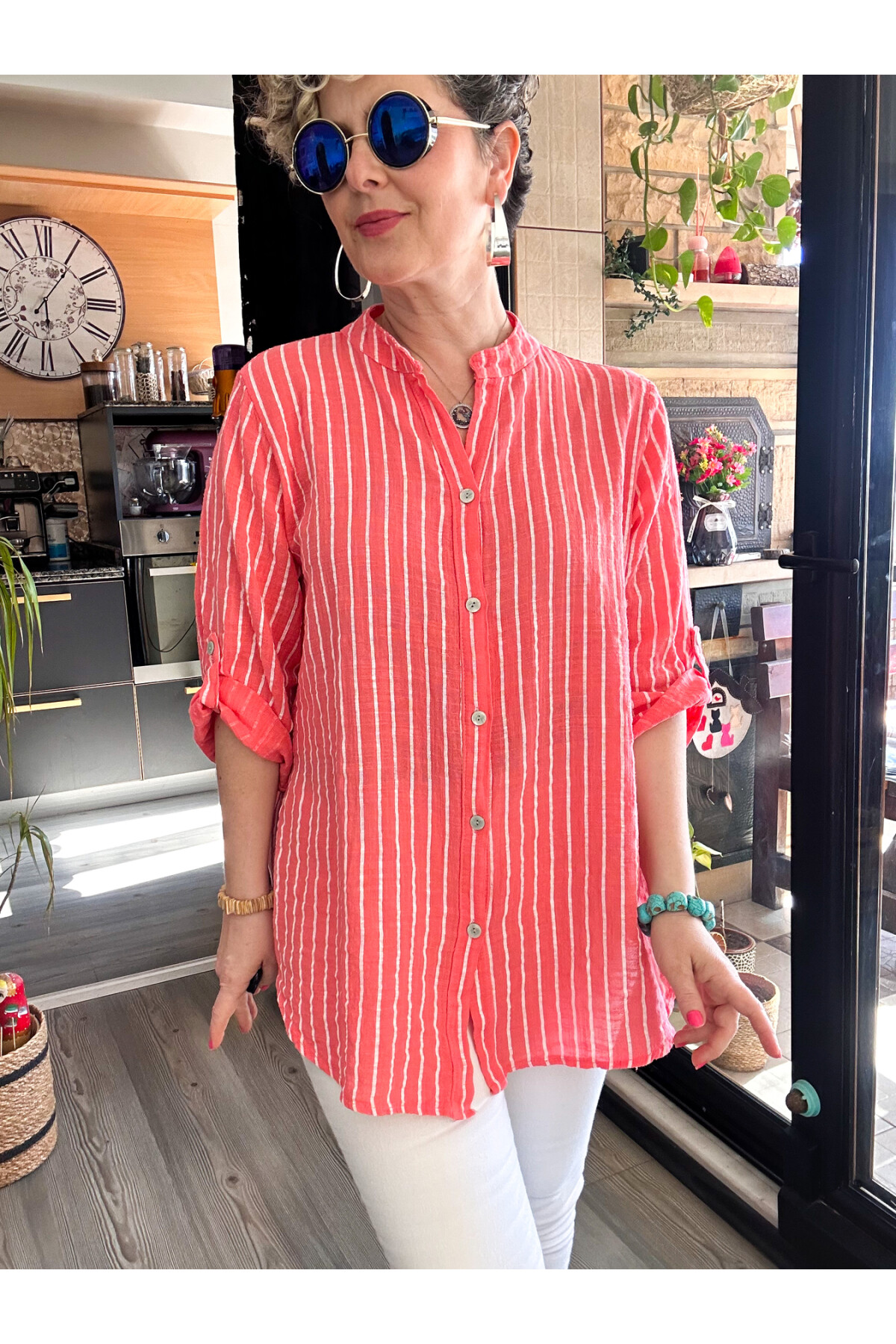 Bippa Çizgili Desen İtalyan Gömlek Mercan