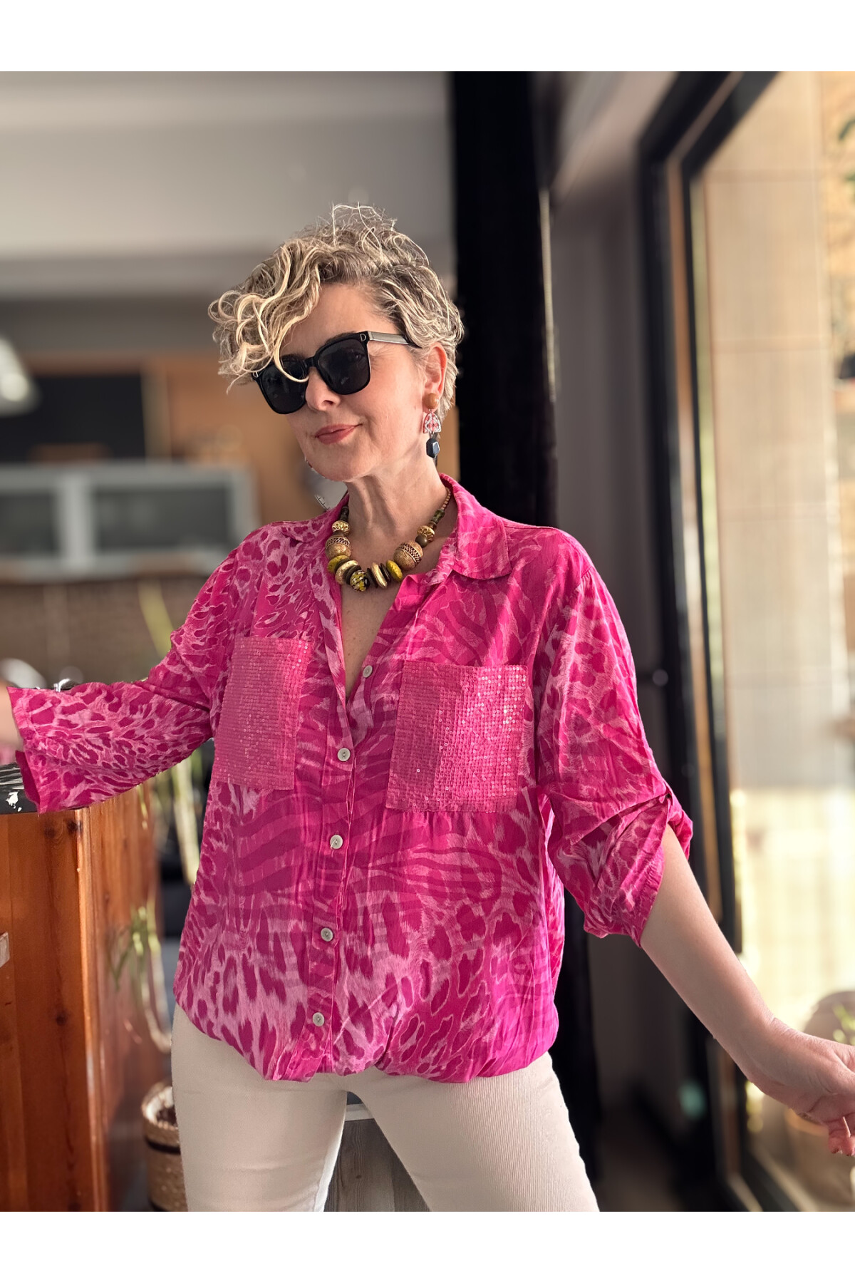 Cento Leopar Pul Detaylı Tasarım Gömlek Fuşya