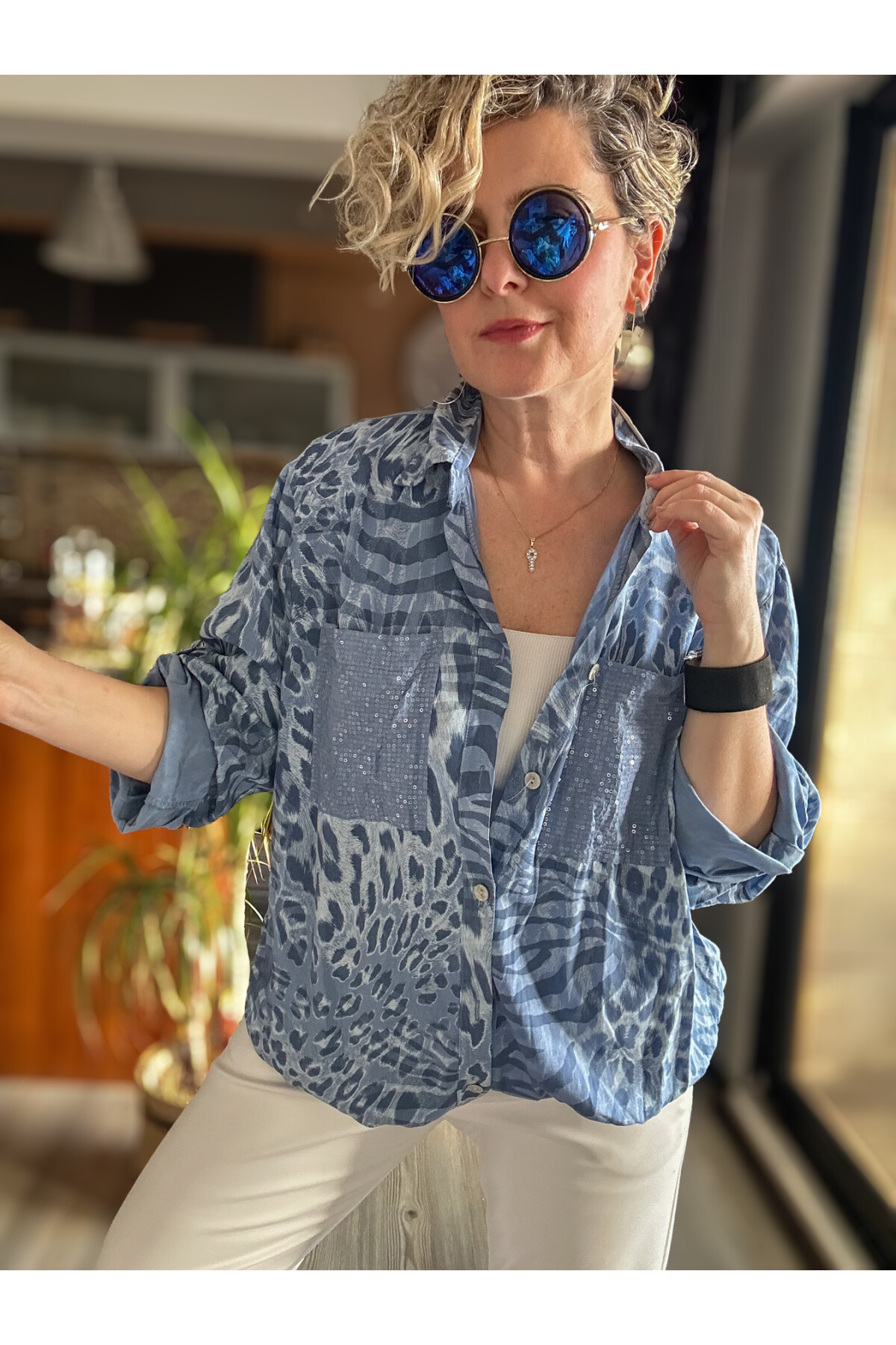 Cento Leopar Pul Detaylı Tasarım Gömlek İndigo