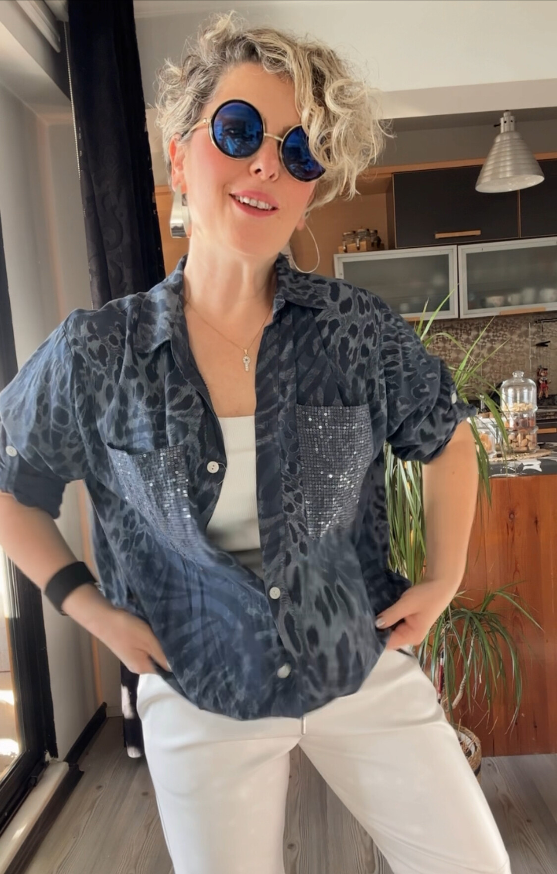 Cento Leopar Pul Detaylı Tasarım Gömlek Lacivert