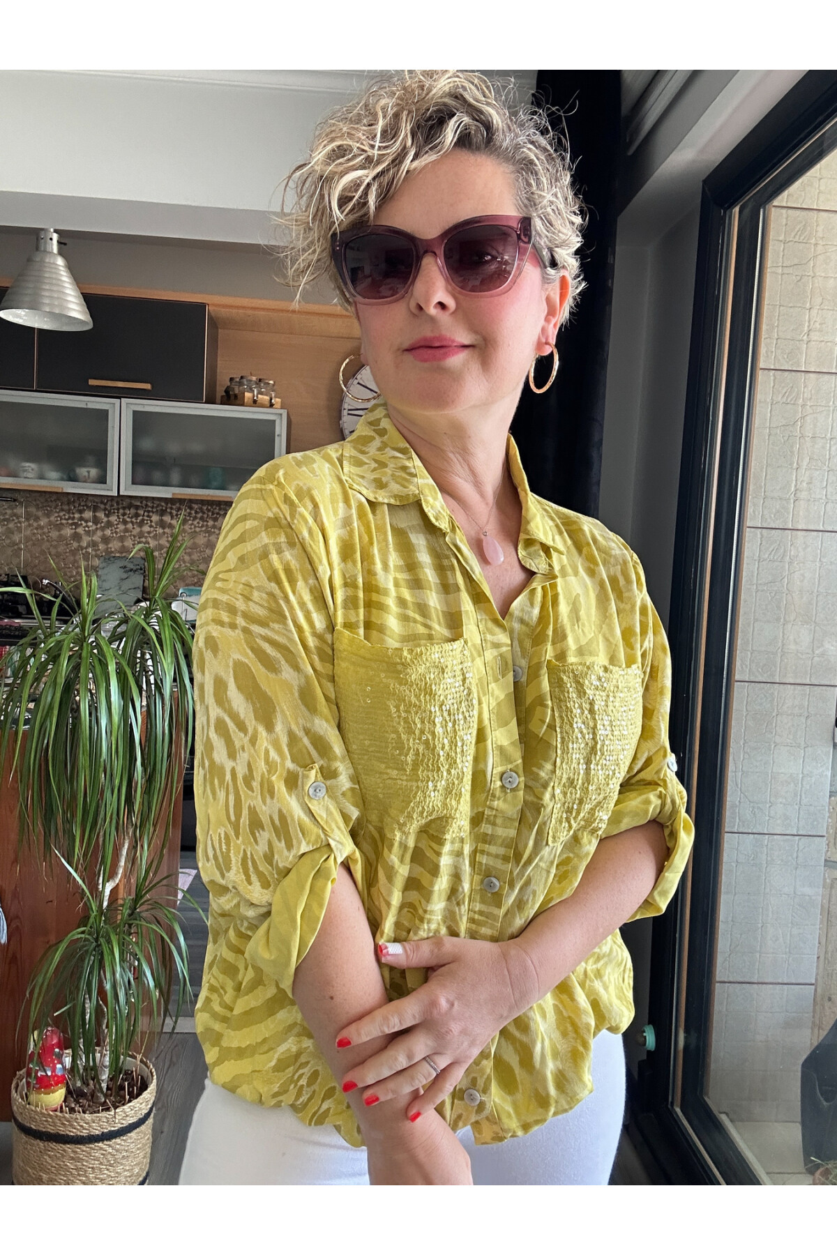 Cento Leopar Pul Detaylı Tasarım Gömlek Limon Küfü