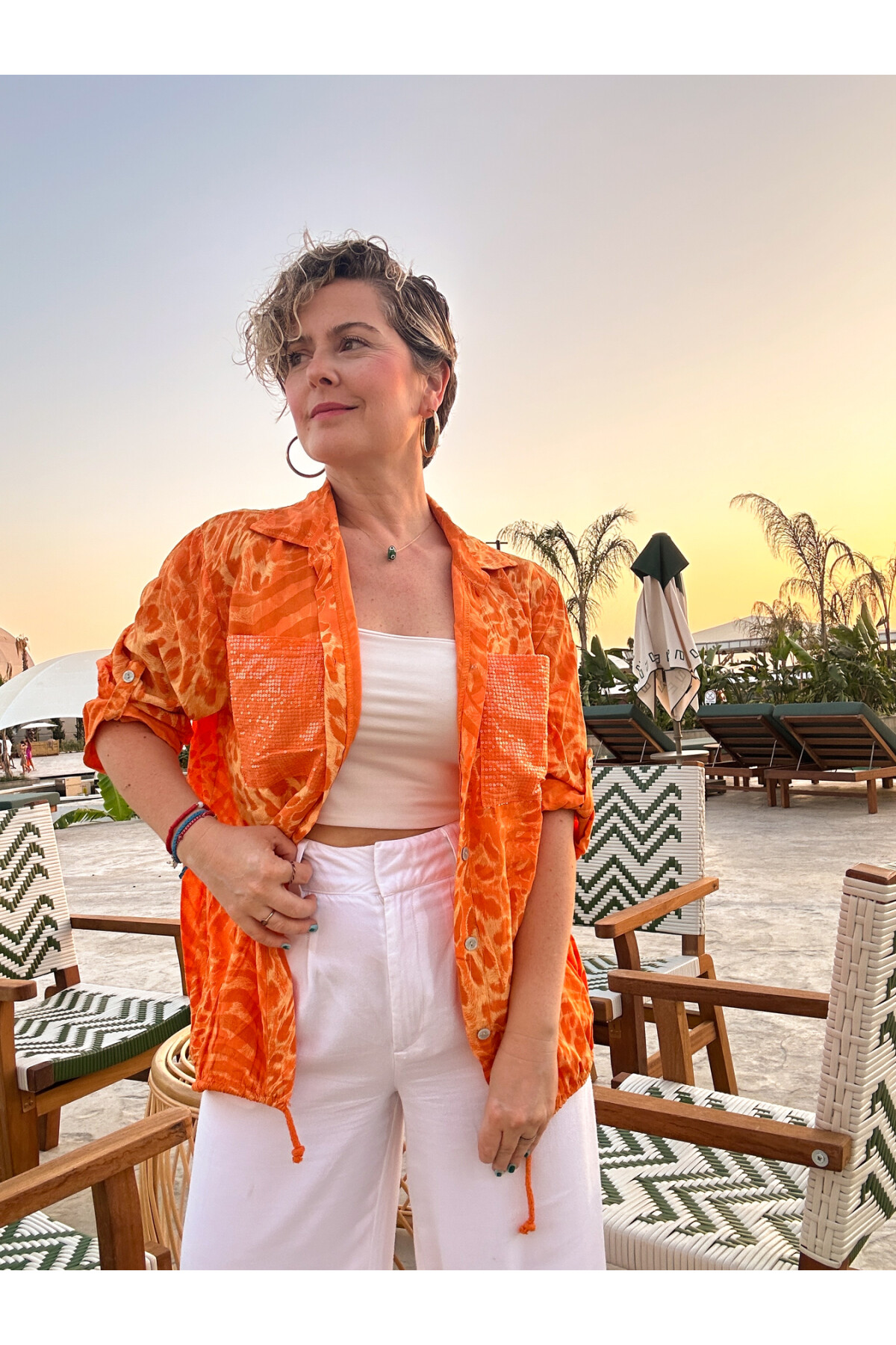 Cento Leopar Pul Detaylı Tasarım Gömlek Orange