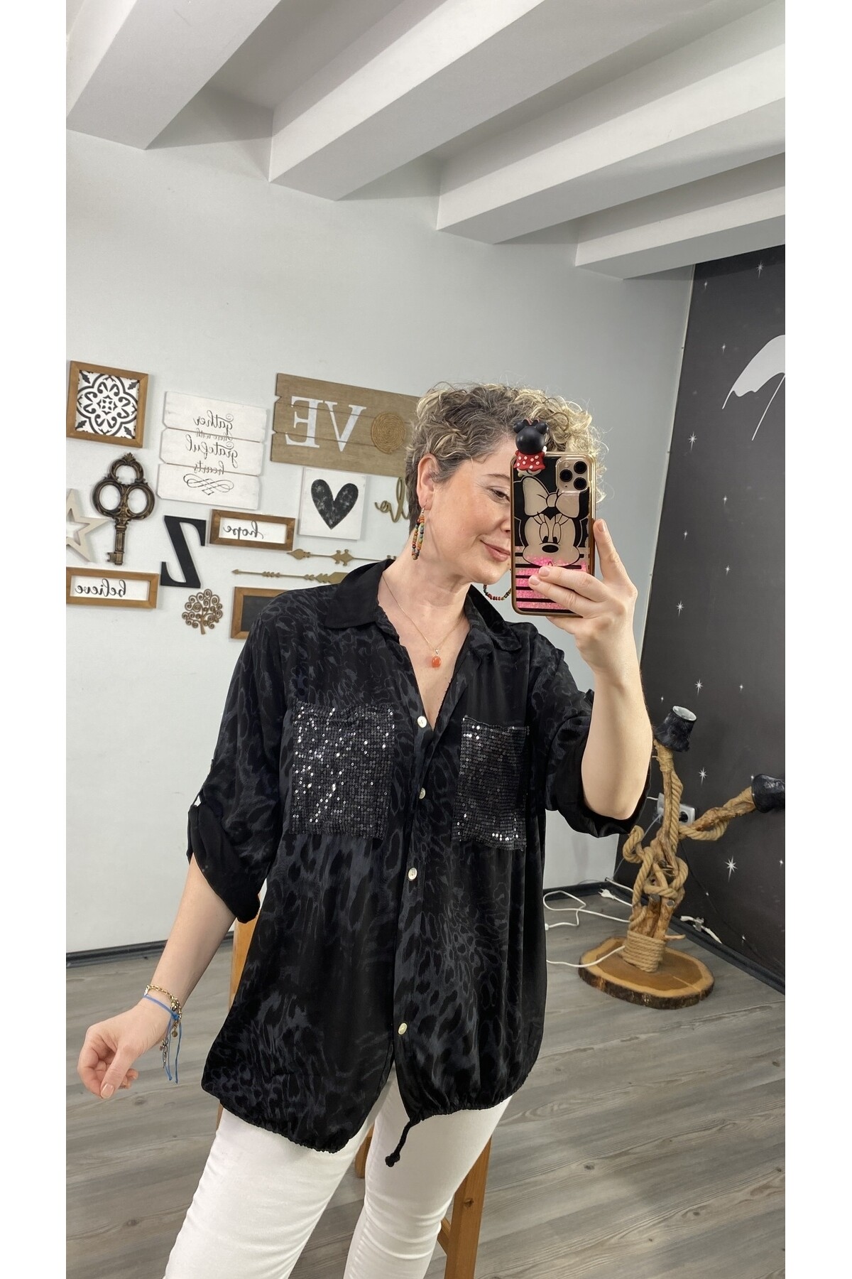 Cento Leopar Pul Detaylı Tasarım Gömlek Siyah