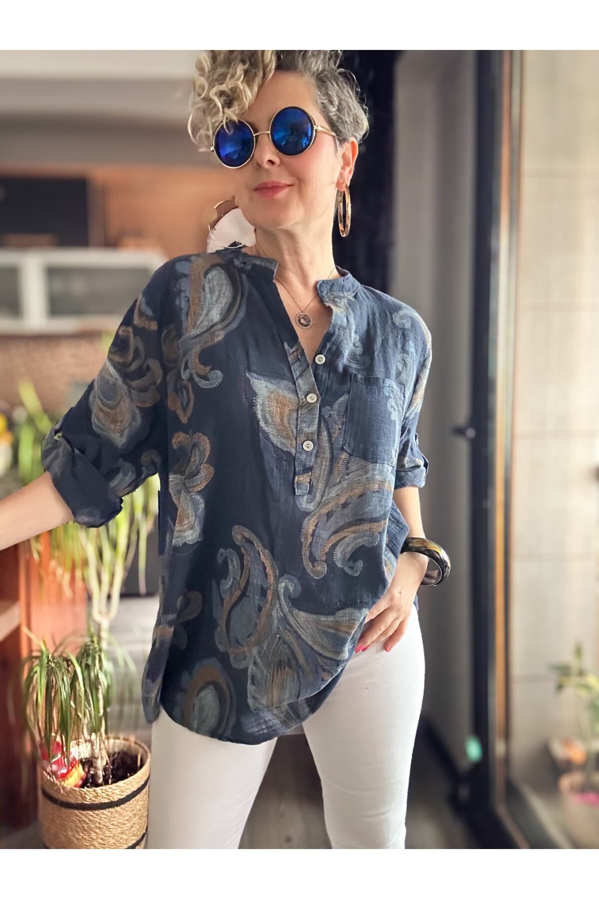 Citta Şal Yaprak Desen İtalyan Gömlek Lacivert
