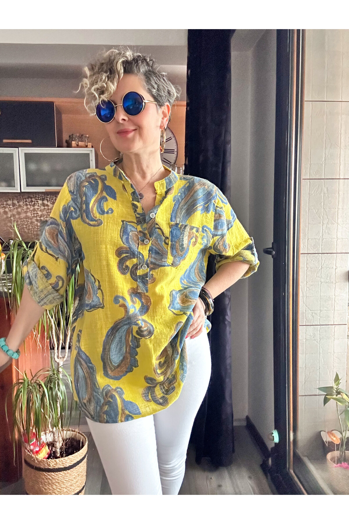 Citta Şal Yaprak Desen İtalyan Gömlek Sarı