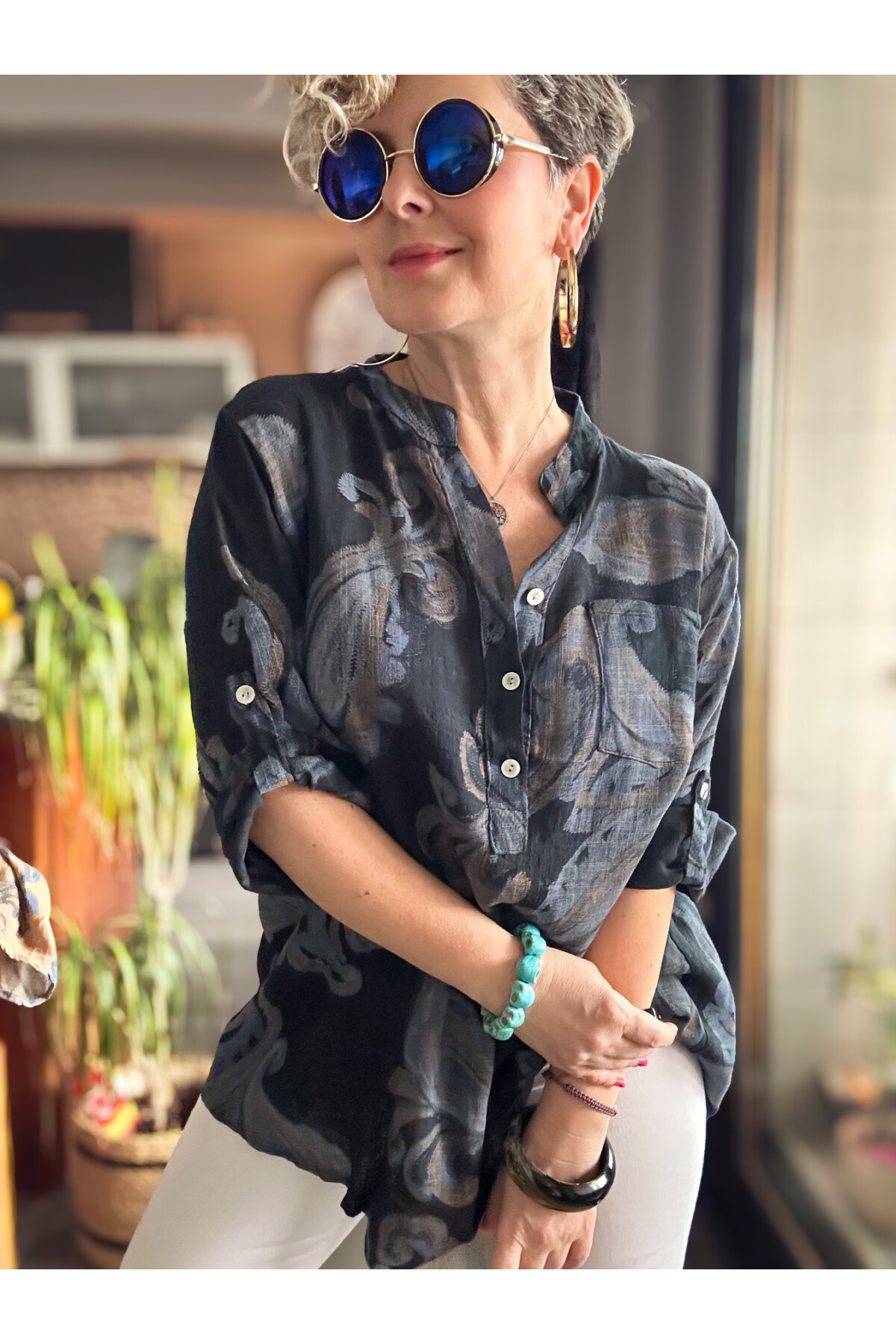 Citta Şal Yaprak Desen İtalyan Gömlek Siyah