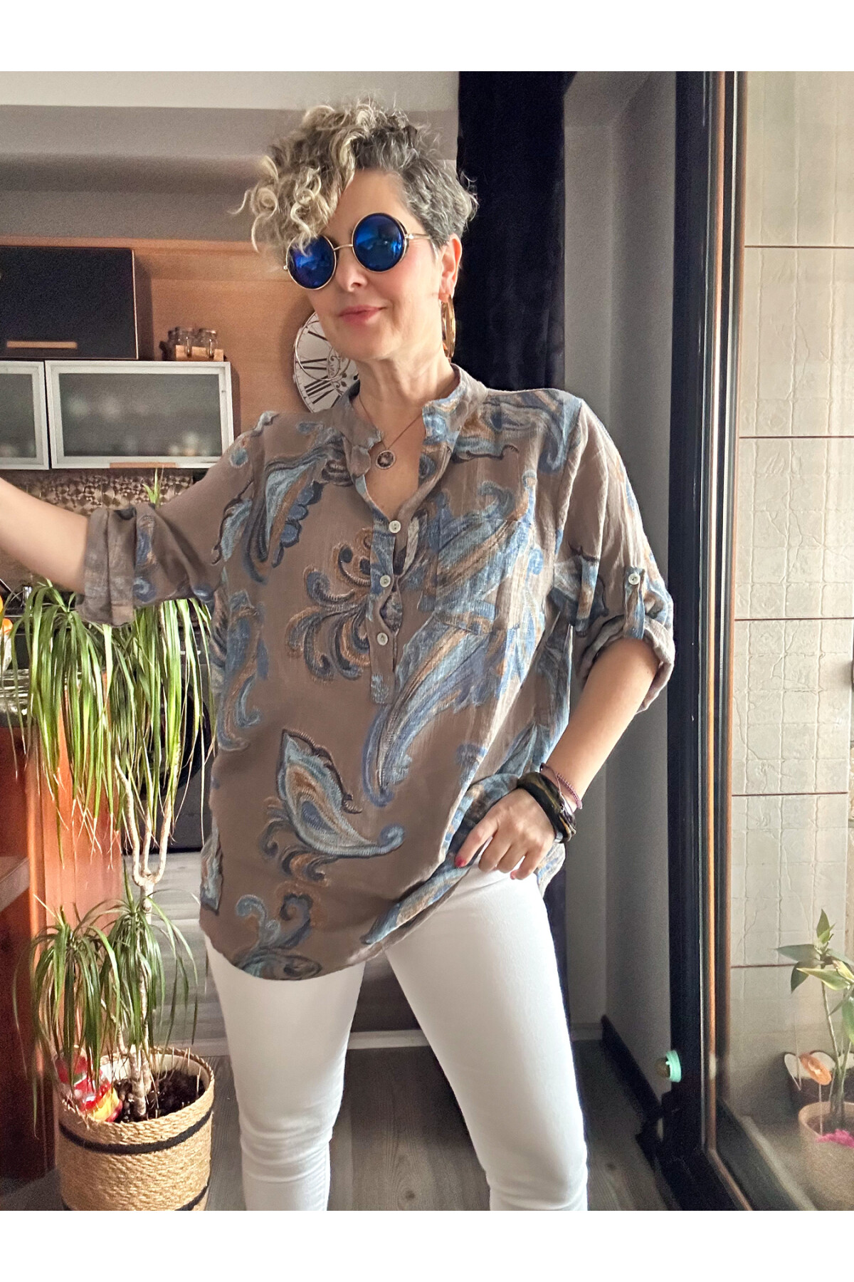 Citta Şal Yaprak Desen İtalyan Gömlek Vizon