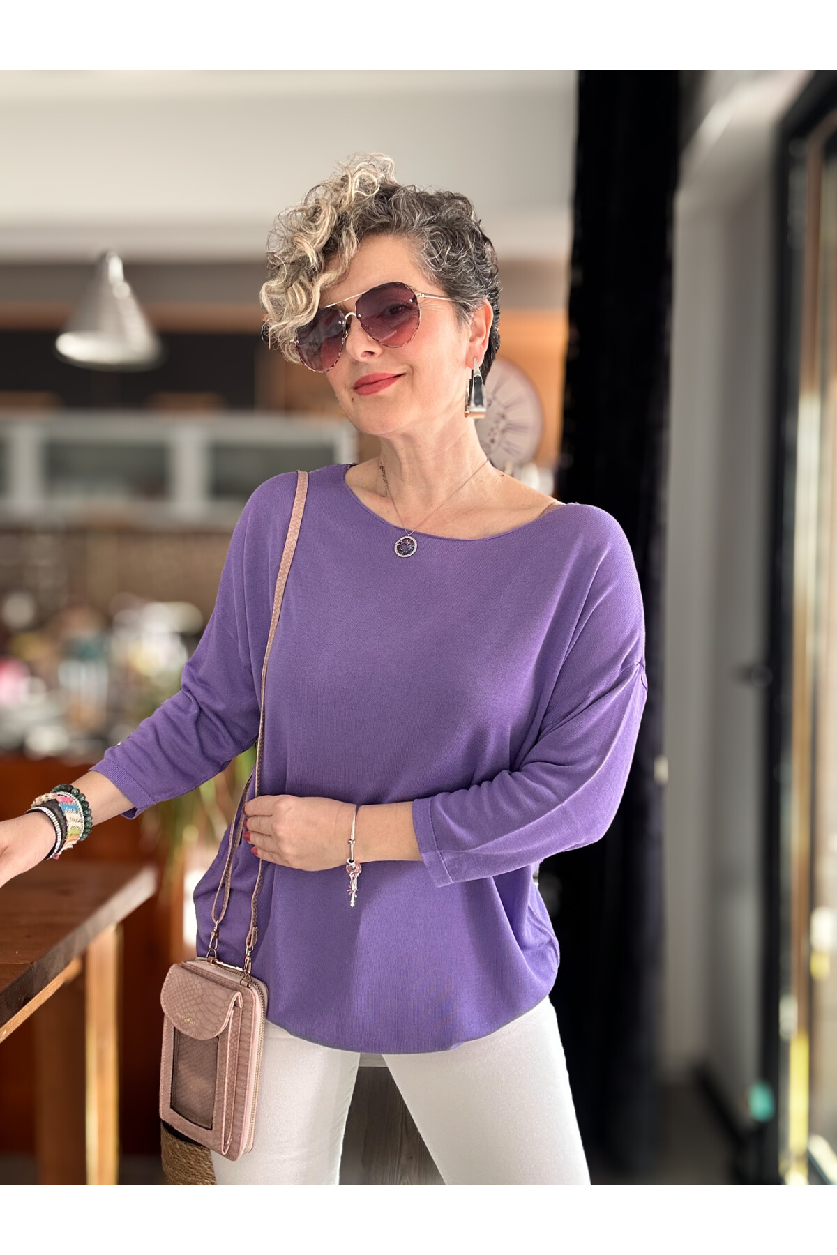 Cuppa Yuvarlak Yaka Mevsimlik Mor Basic Triko