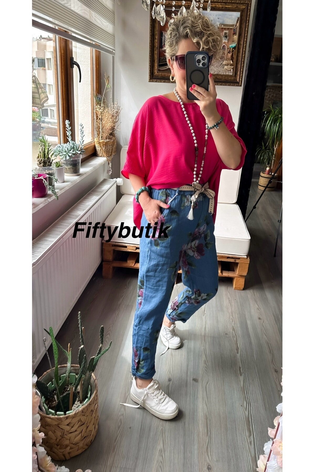 Delli İtalyan Çiçek Desen İndigo Mavi Keten Pantolon