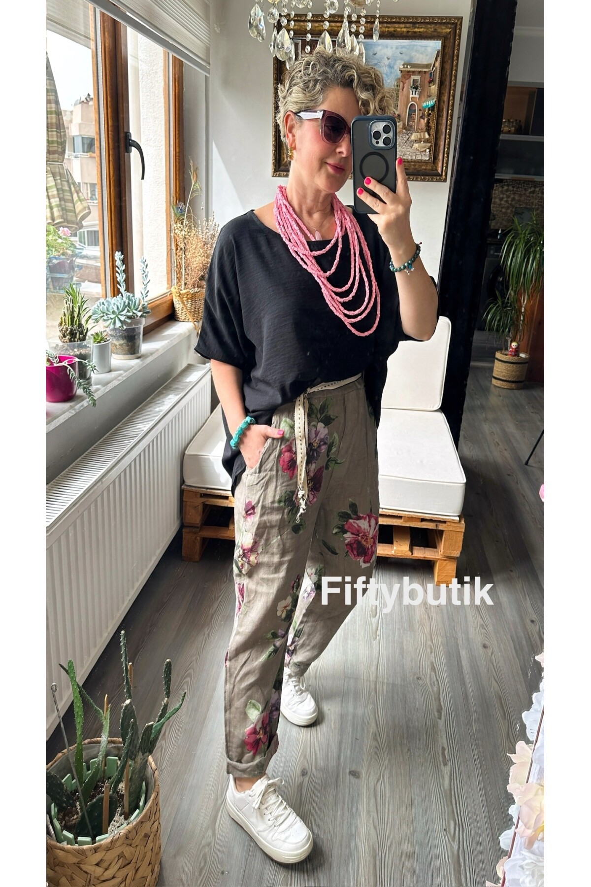 Delli İtalyan Çiçek Desen Vizon Keten Pantolon