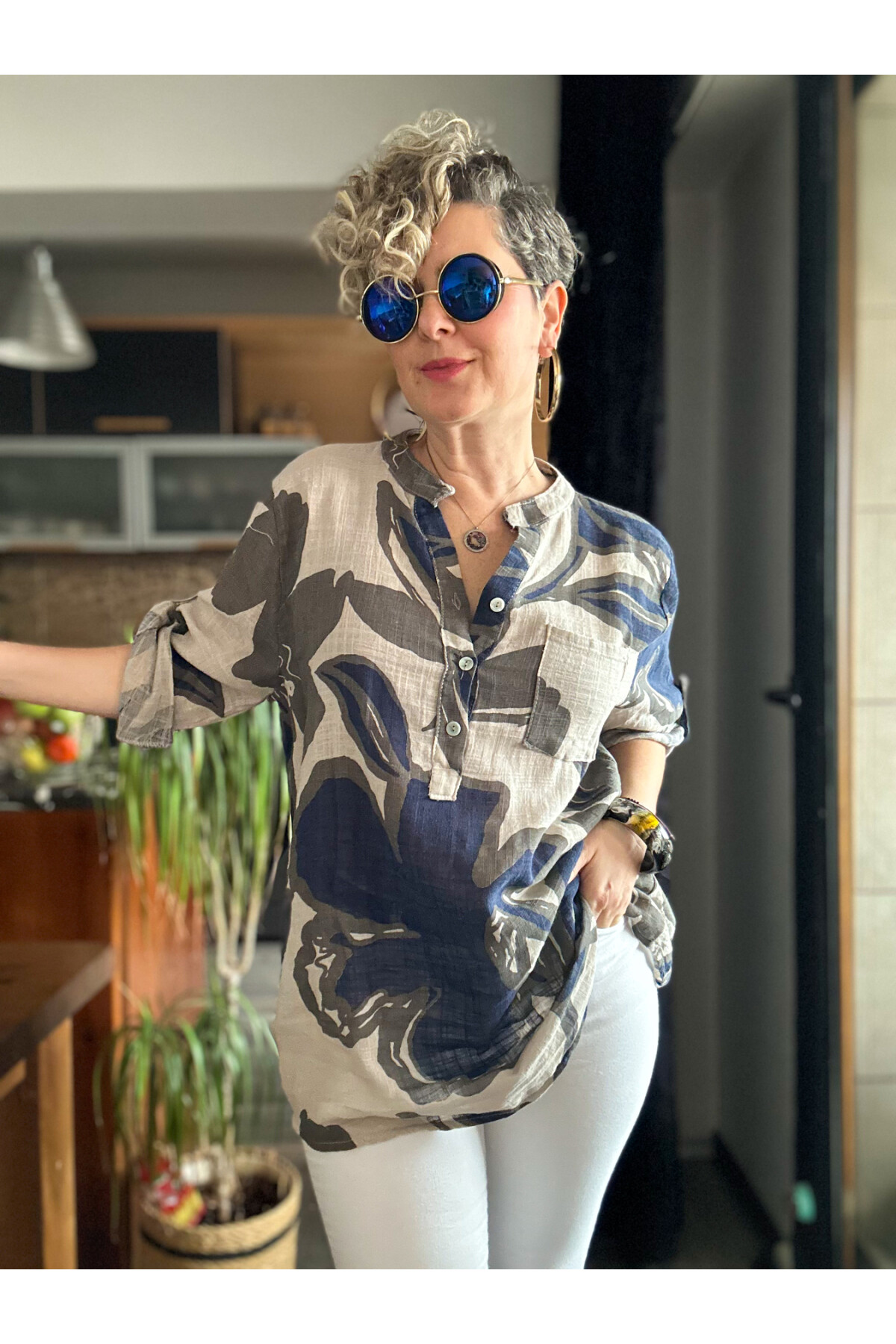 Desci Yaprak Gül Desen İtalyan Gömlek Bej