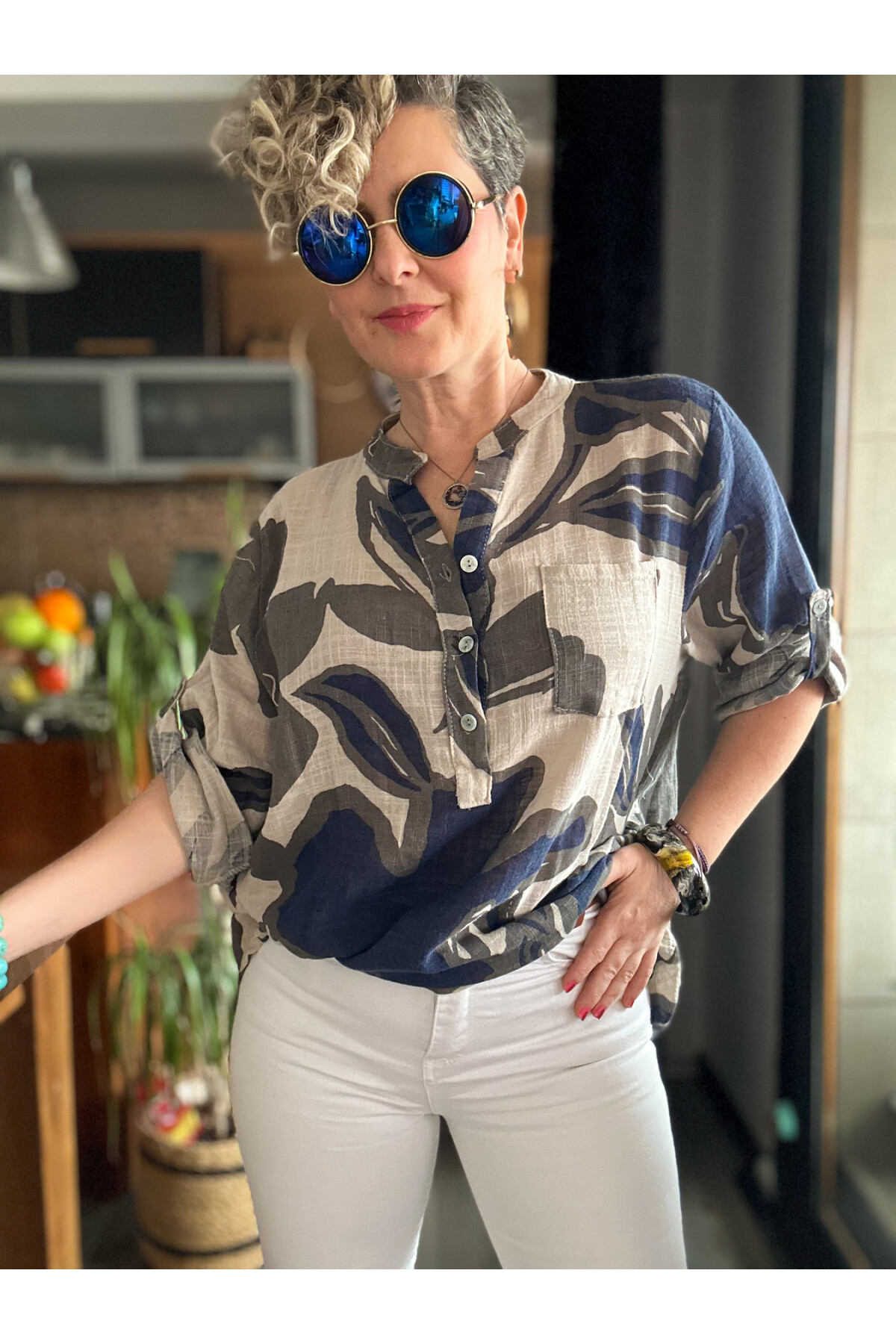 Desci Yaprak Gül Desen İtalyan Gömlek Bej