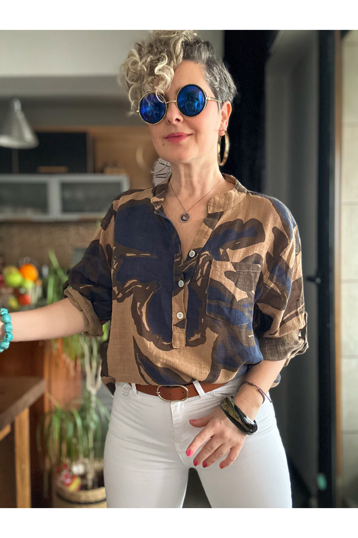 Desci Yaprak Gül Desen İtalyan Gömlek Cappuccino