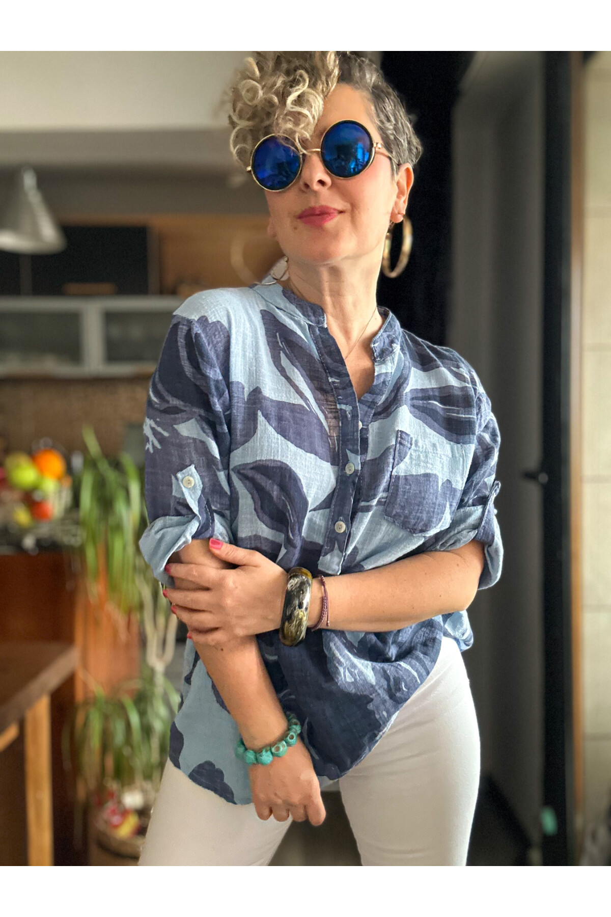 Desci Yaprak Gül Desen İtalyan Gömlek İndigo