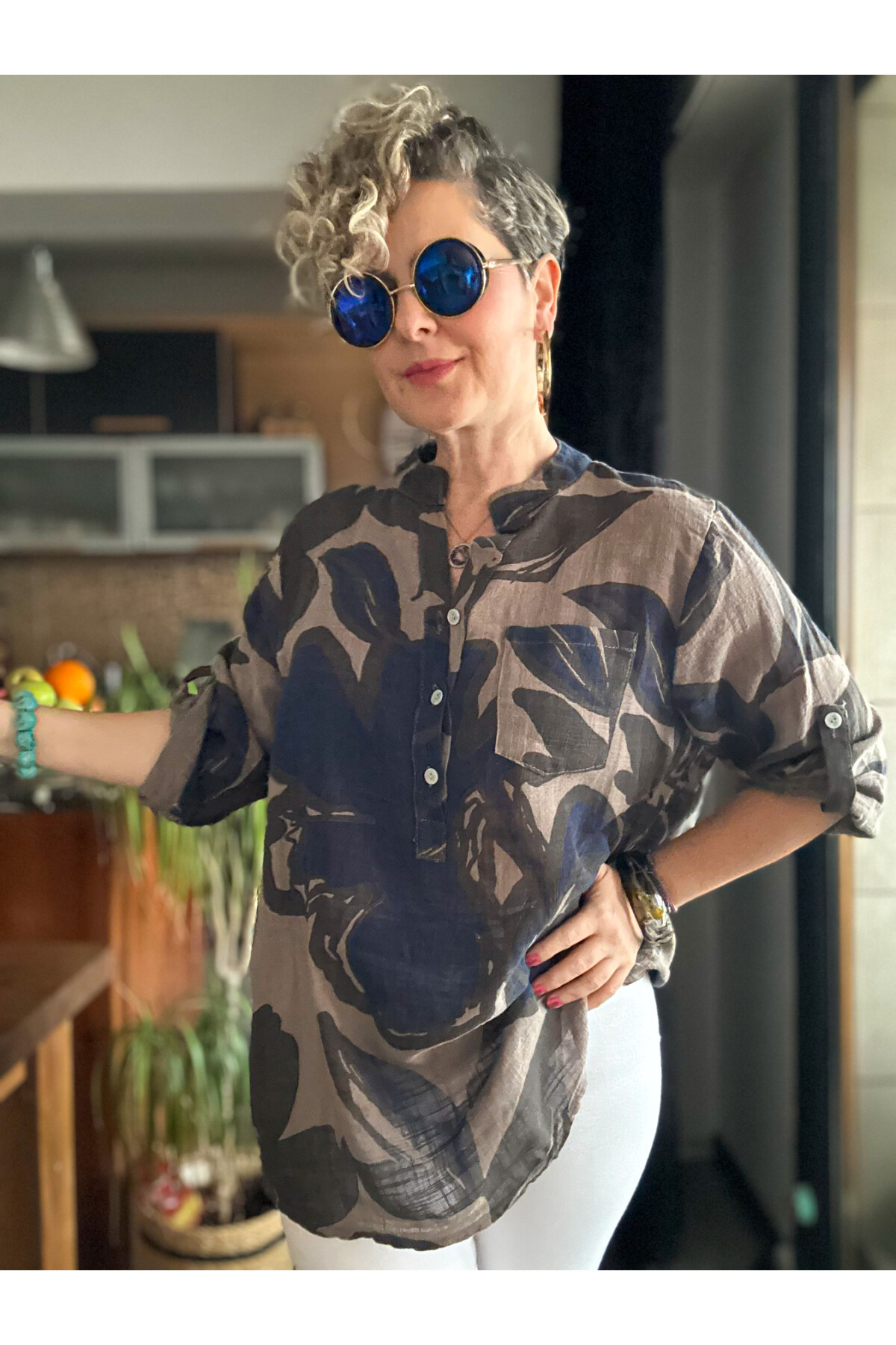 Desci Yaprak Gül Desen İtalyan Gömlek Vizon