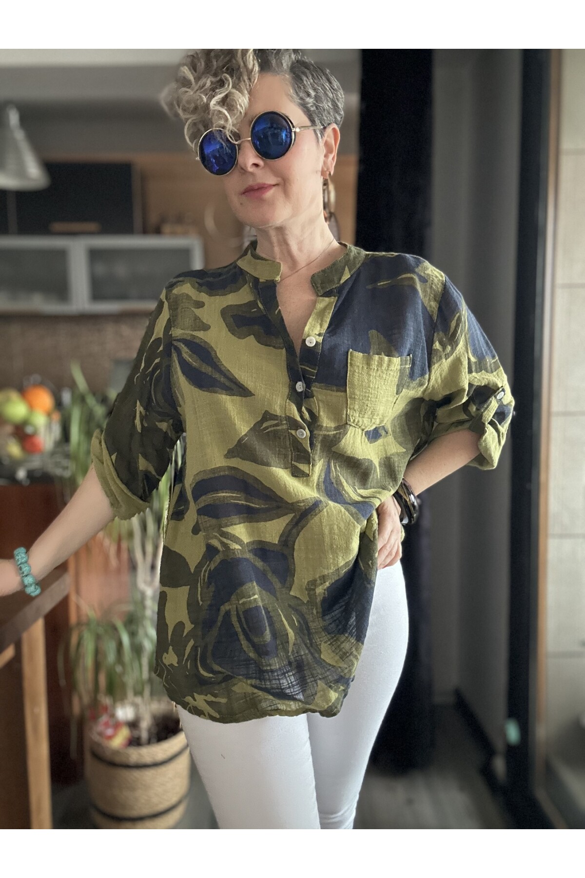 Desci Yaprak Gül Desen İtalyan Gömlek Yağ Yeşil