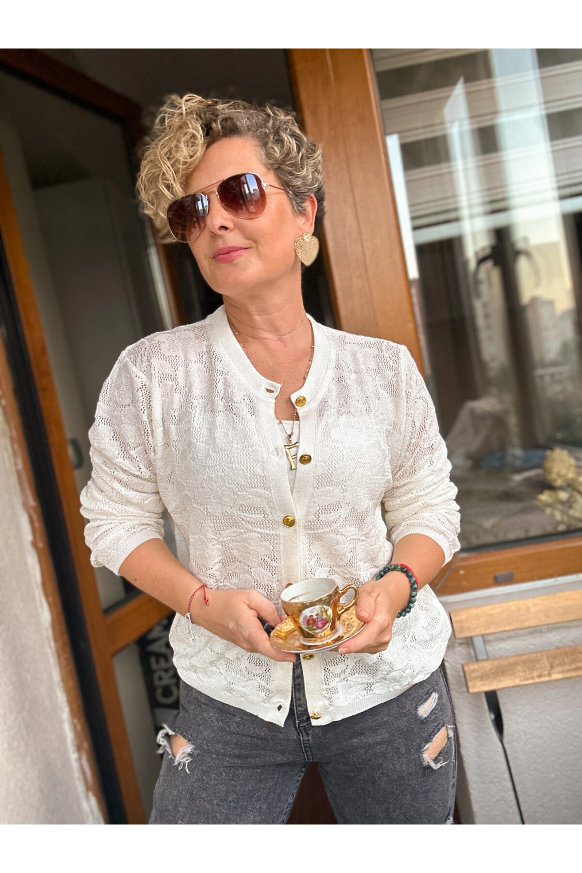 Dilan Gold Düğme Merserize Hırka Ekru