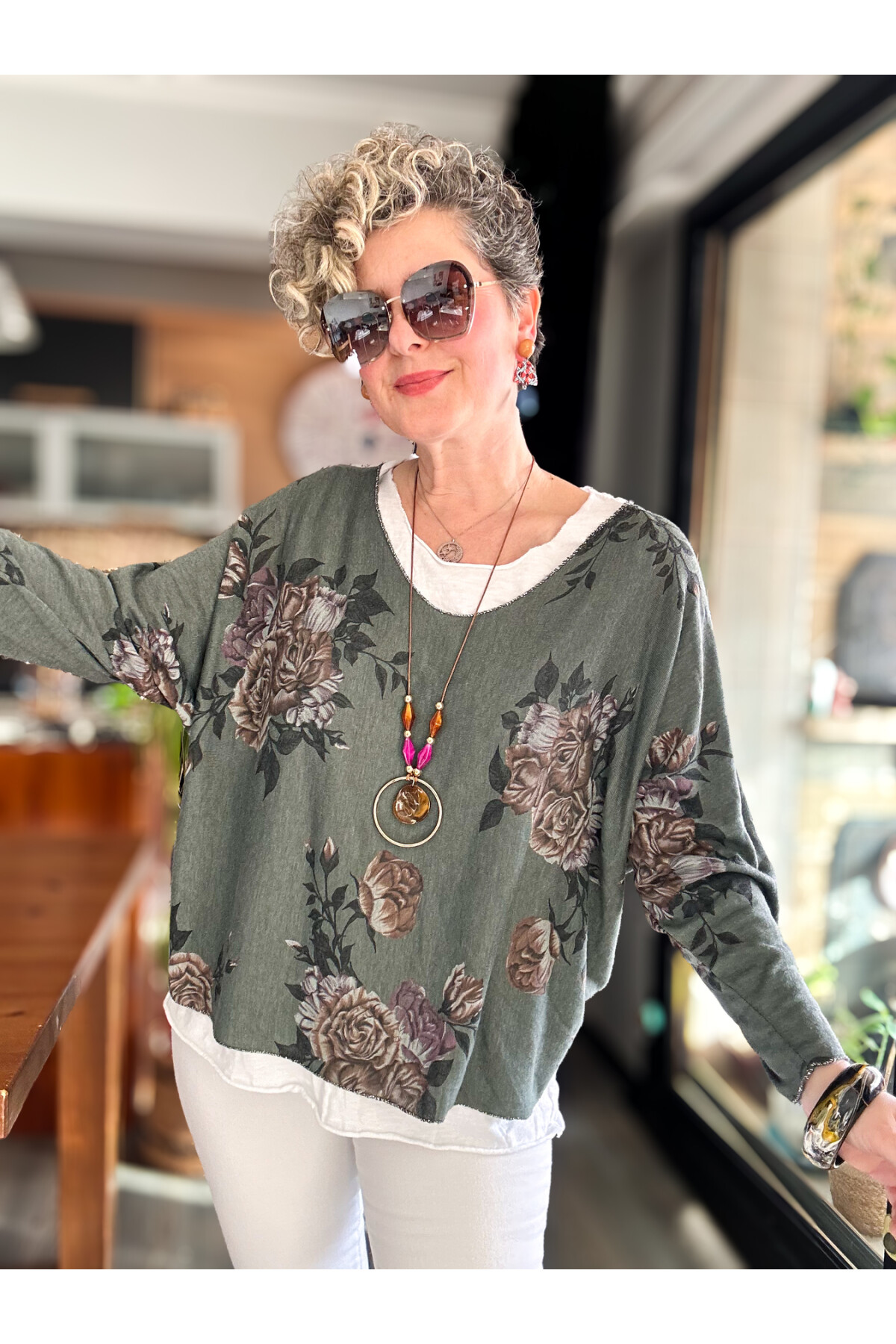 Ento Çiçek Desen Kolyeli İtalyan Bluz Haki