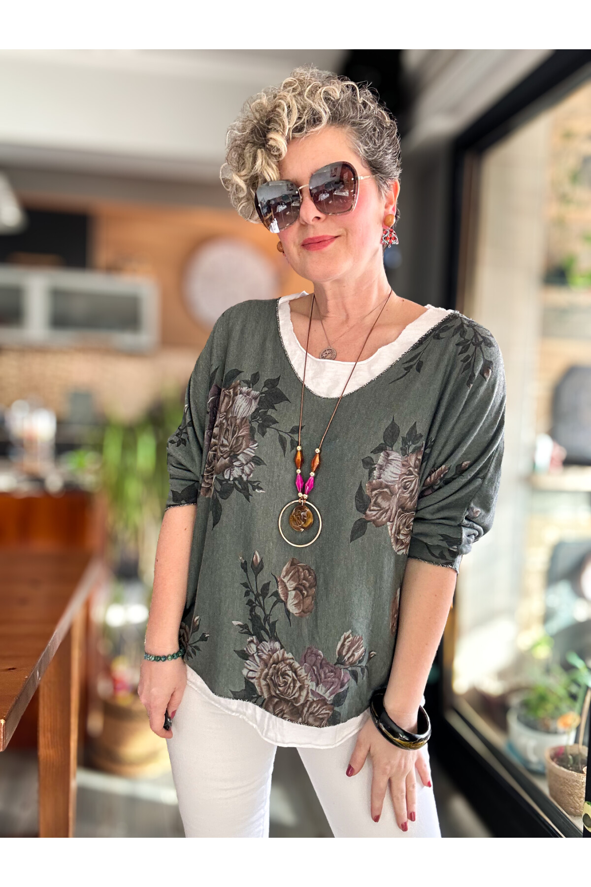 Ento Çiçek Desen Kolyeli İtalyan Bluz Haki