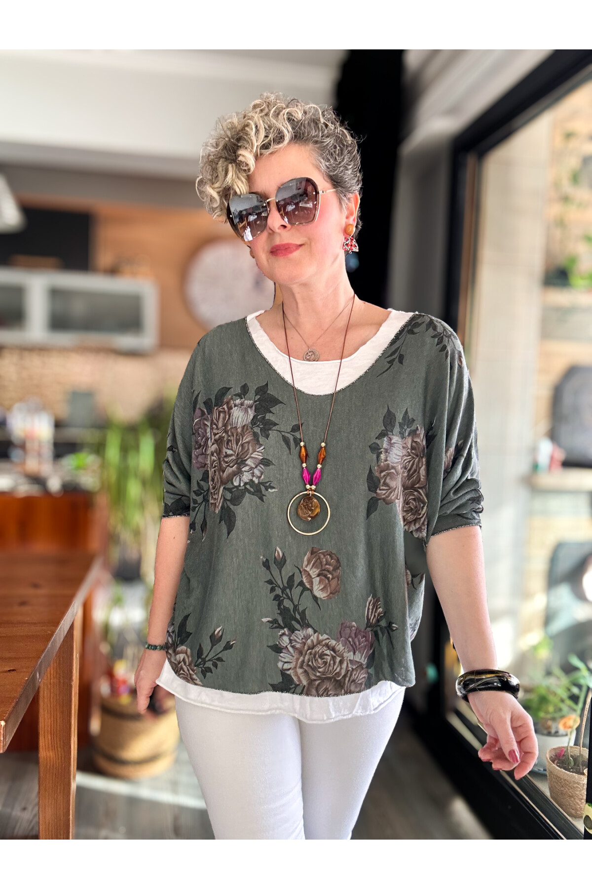 Ento Çiçek Desen Kolyeli İtalyan Bluz Haki