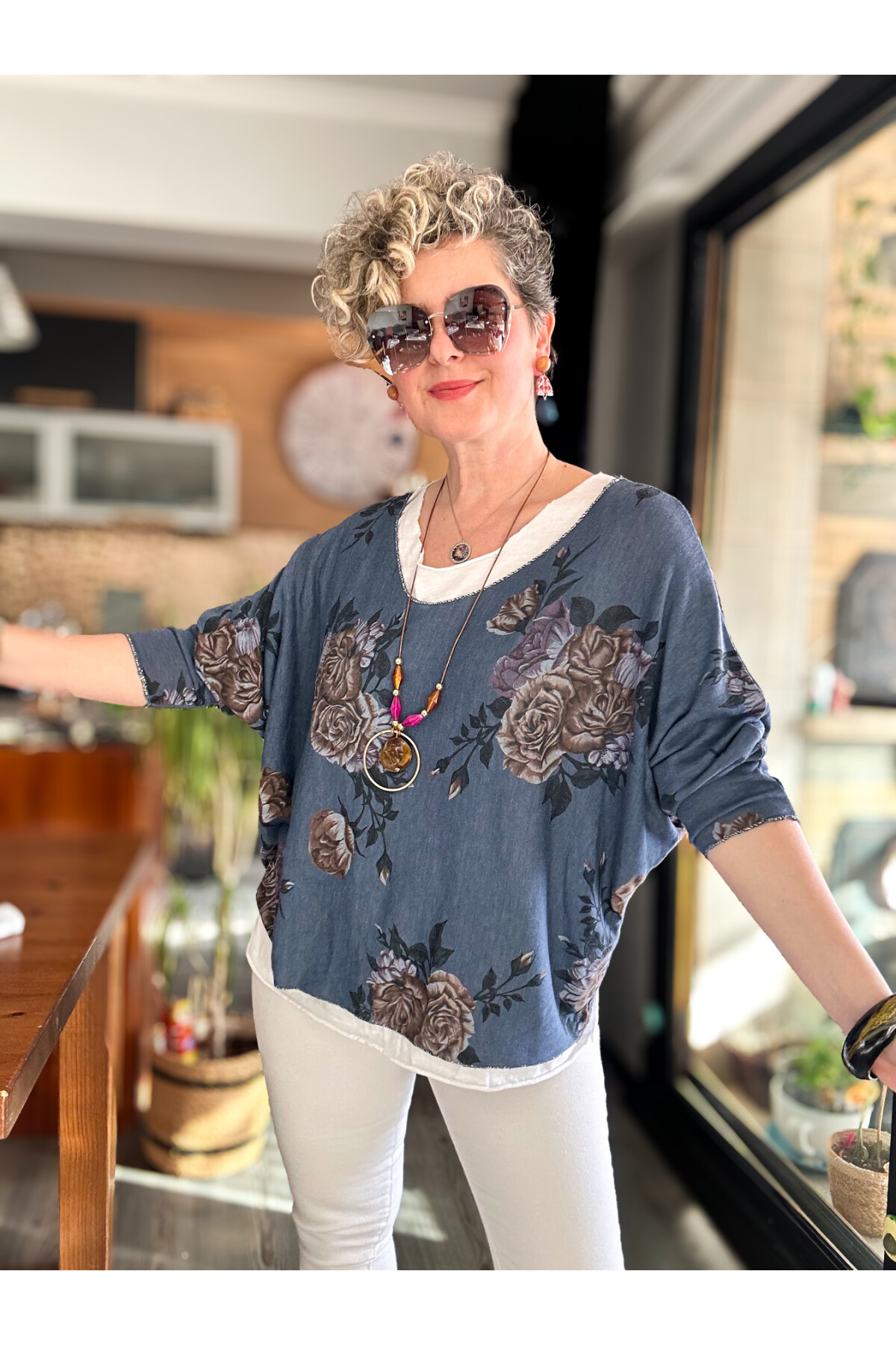 Ento Çiçek Desen Kolyeli İtalyan Bluz İndigo Mavi