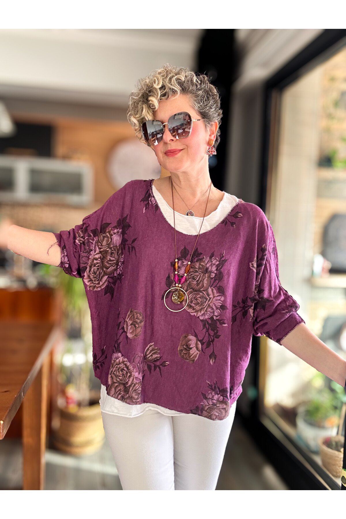 Ento Çiçek Desen Kolyeli İtalyan Bluz Mor