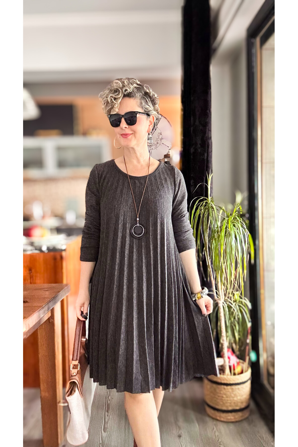 Fabro İtalyan Kolyeli Pilise Detay Elbise Antrasit