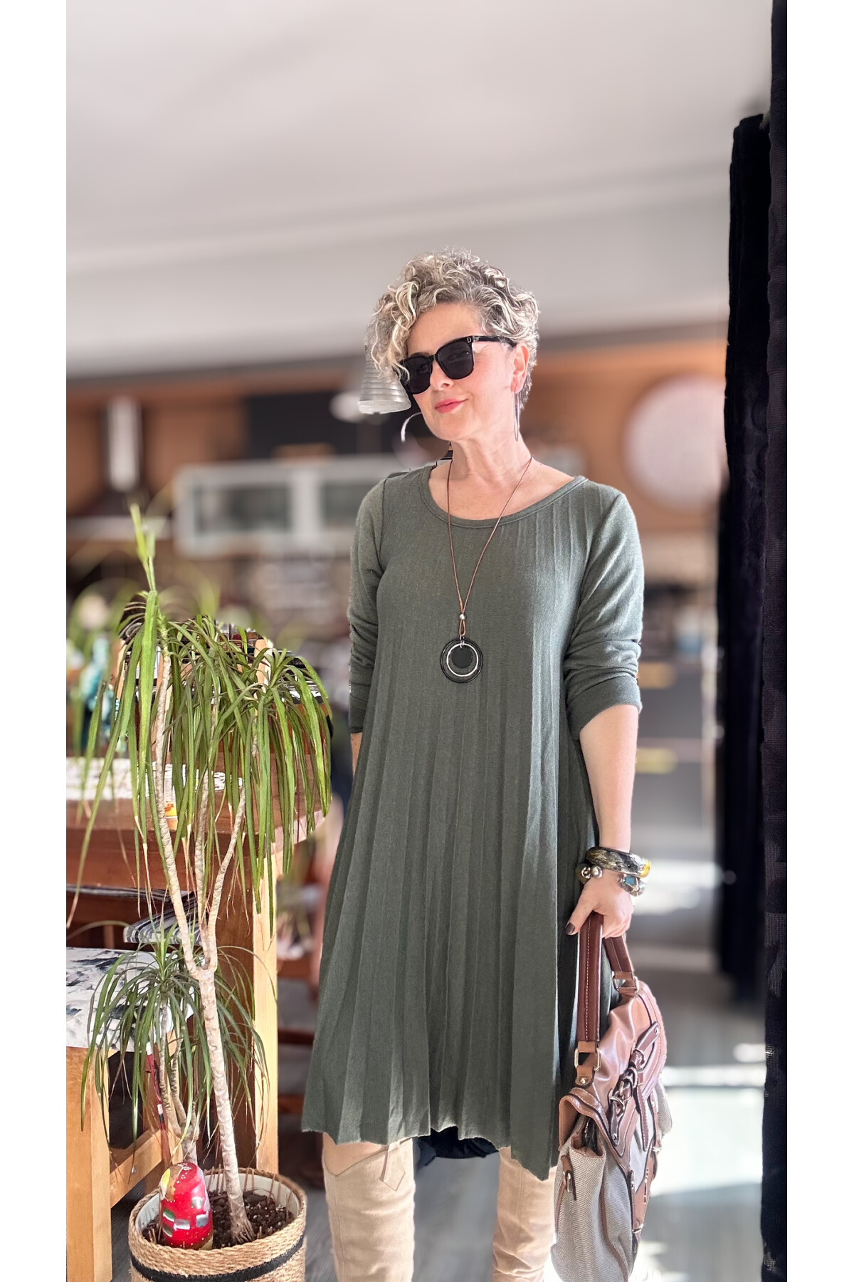 Fabro İtalyan Kolyeli Pilise Detay Elbise Haki