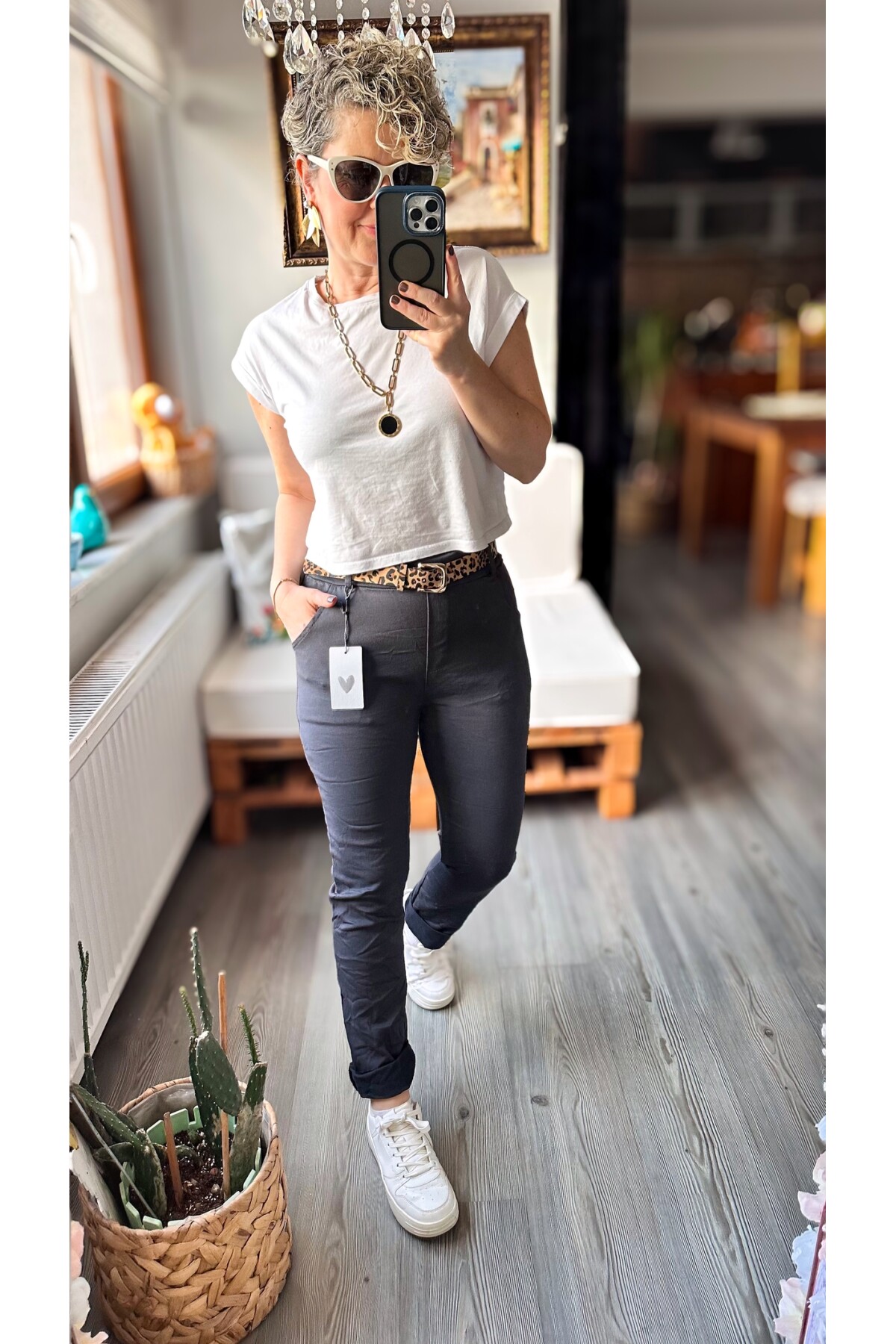 Falco İtalyan Leopar Kemer Detay Sihirli Pantolon Gri