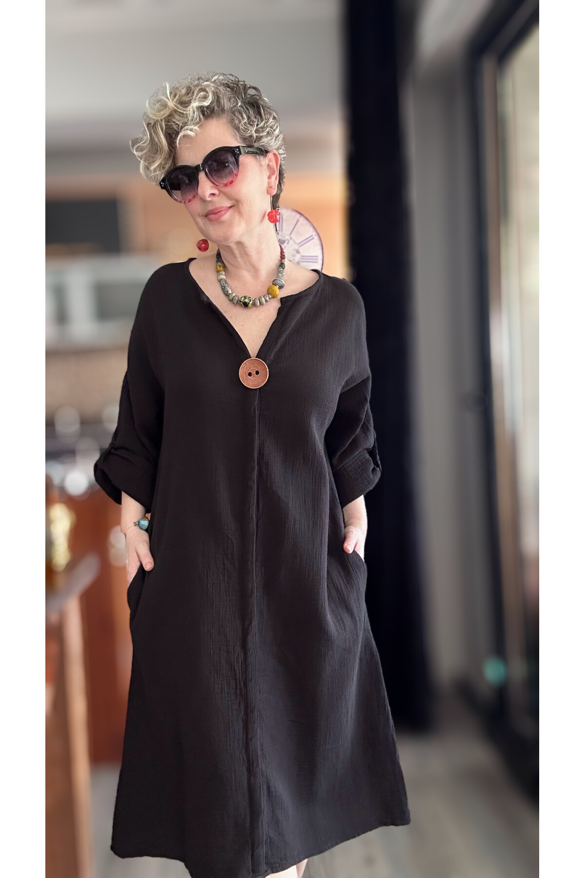 Faleria Müslin Tahta Düğme Elbise Siyah