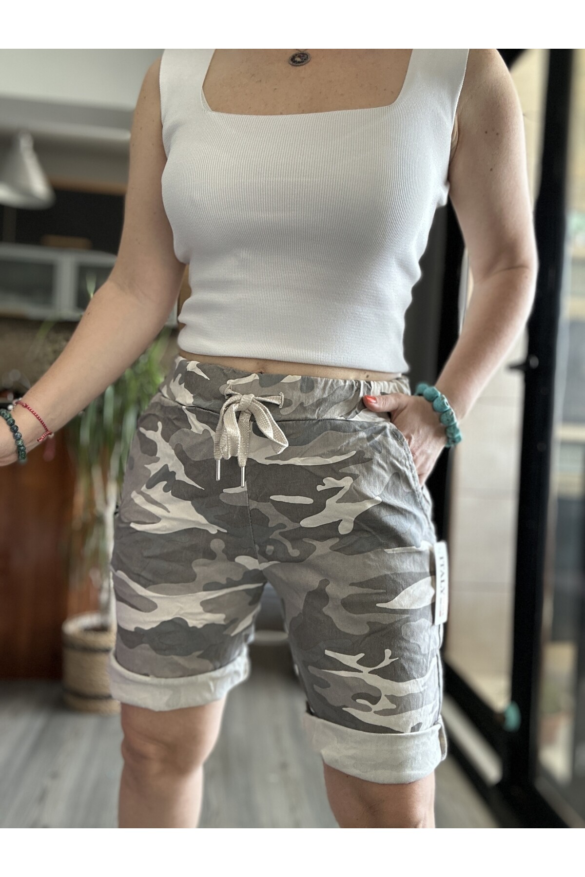 Fammy İtalyan Kamuflaj Şort Beige