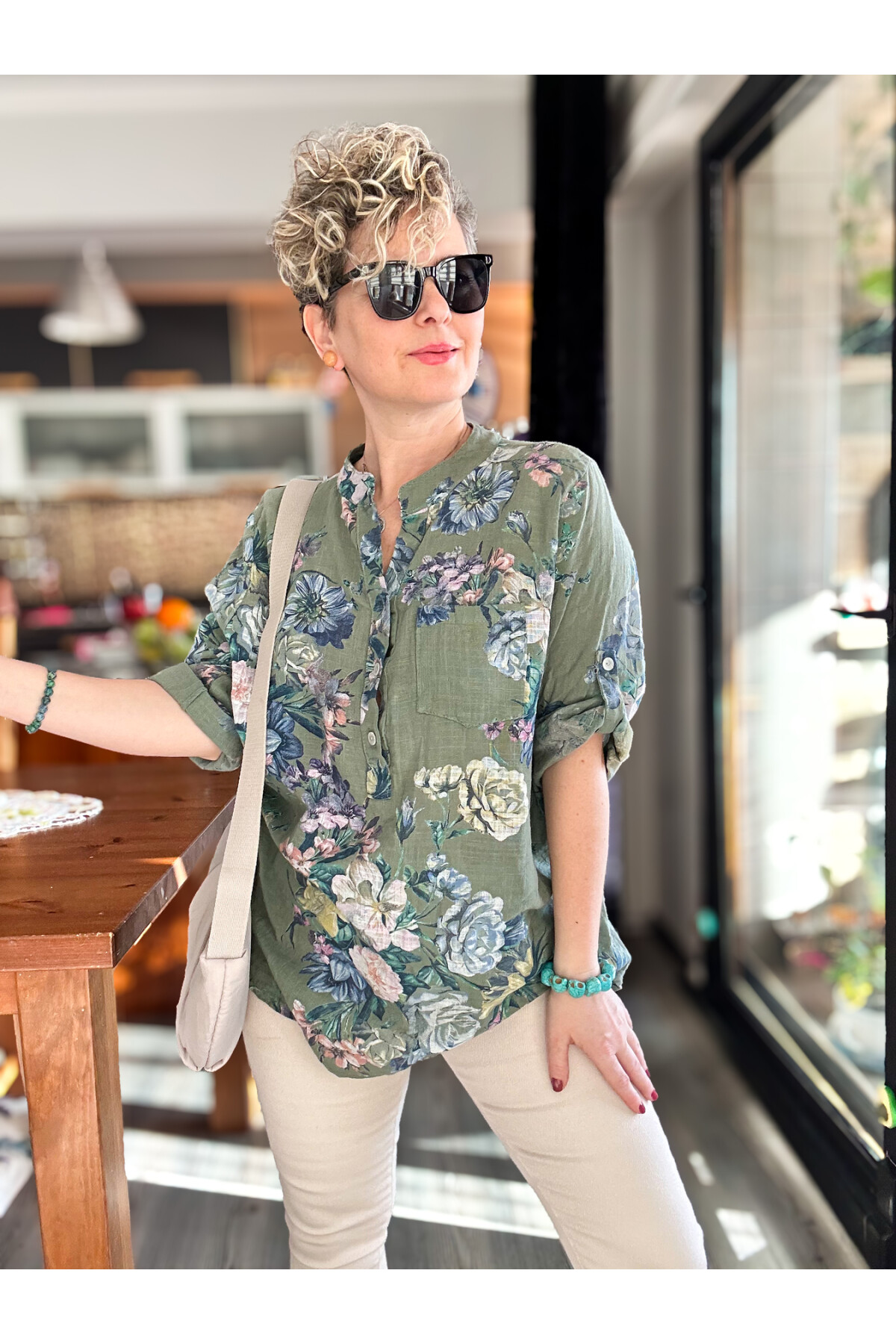 Felice Gül Desenli İtalyan Gömlek Haki Yeşil