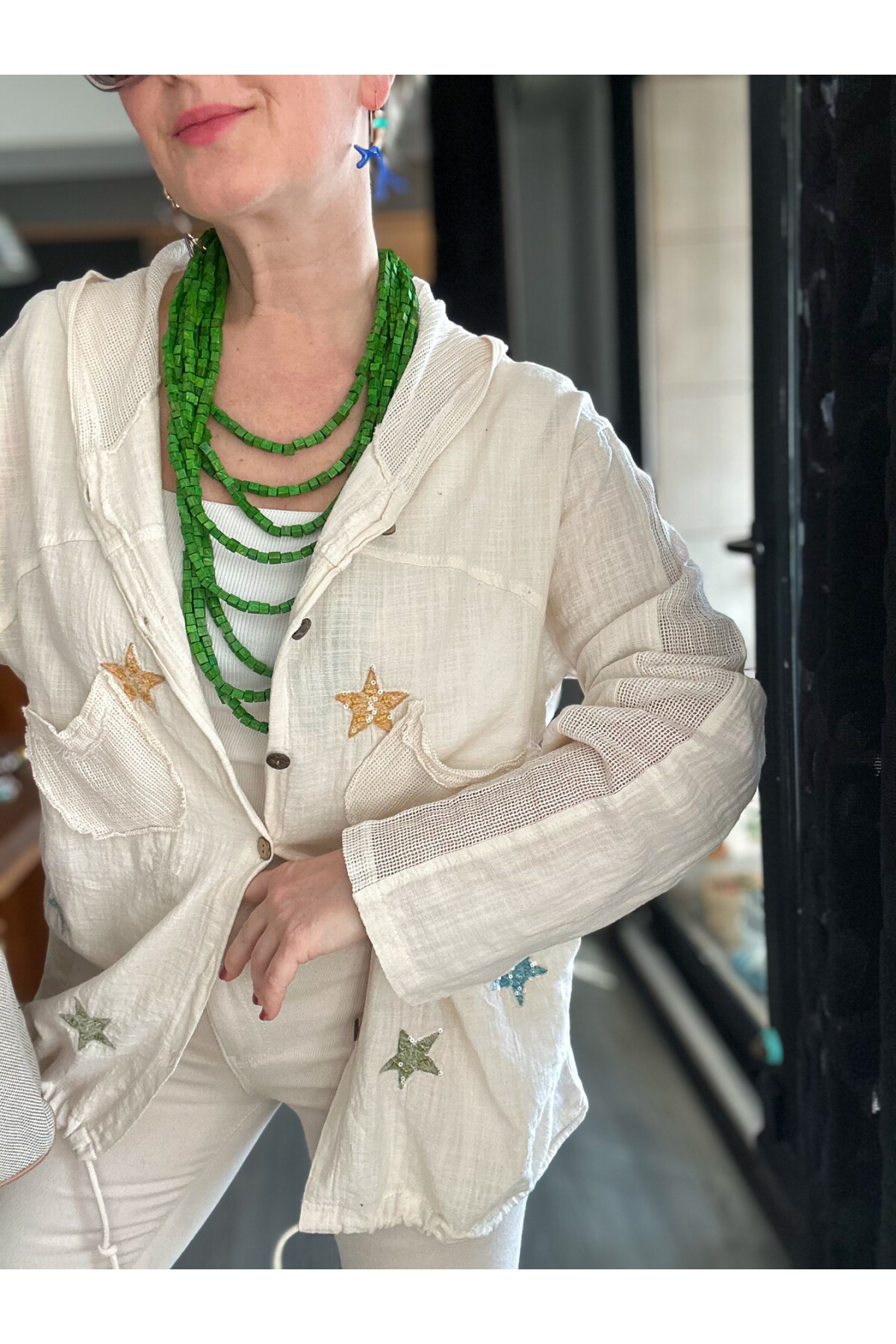 Feliz Yıldız File Detay Pul İşleme Hırka Ceket Ekru