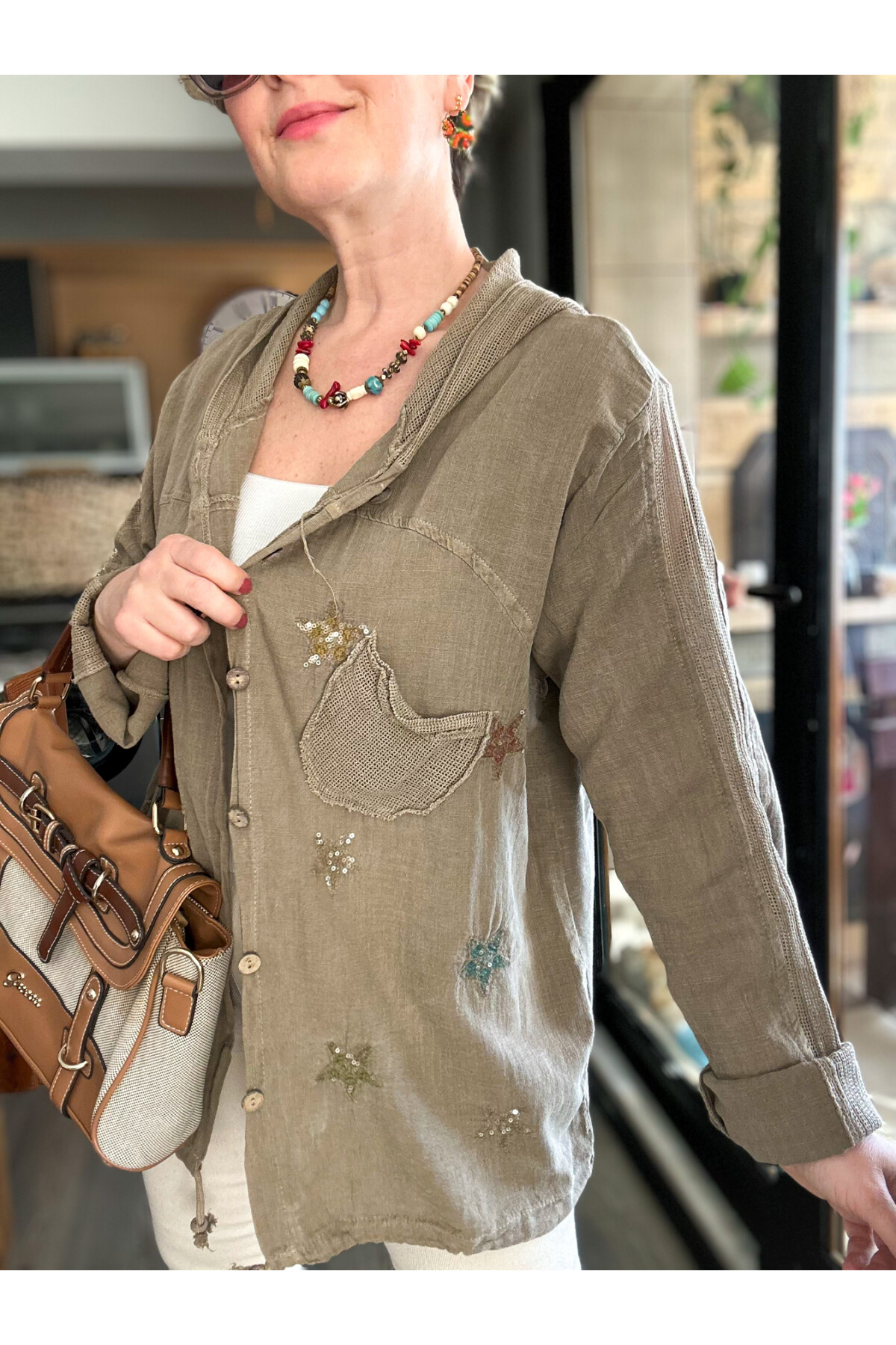 Feliz Yıldız File Detay Pul İşleme Hırka Ceket Vizon