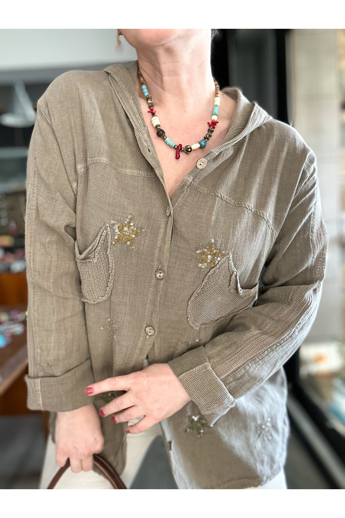 Feliz Yıldız File Detay Pul İşleme Hırka Ceket Vizon