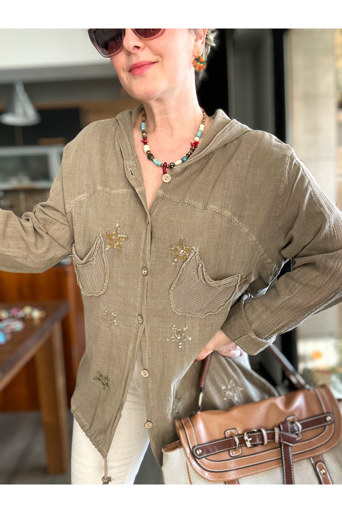 Feliz Yıldız File Detay Pul İşleme Hırka Ceket Vizon