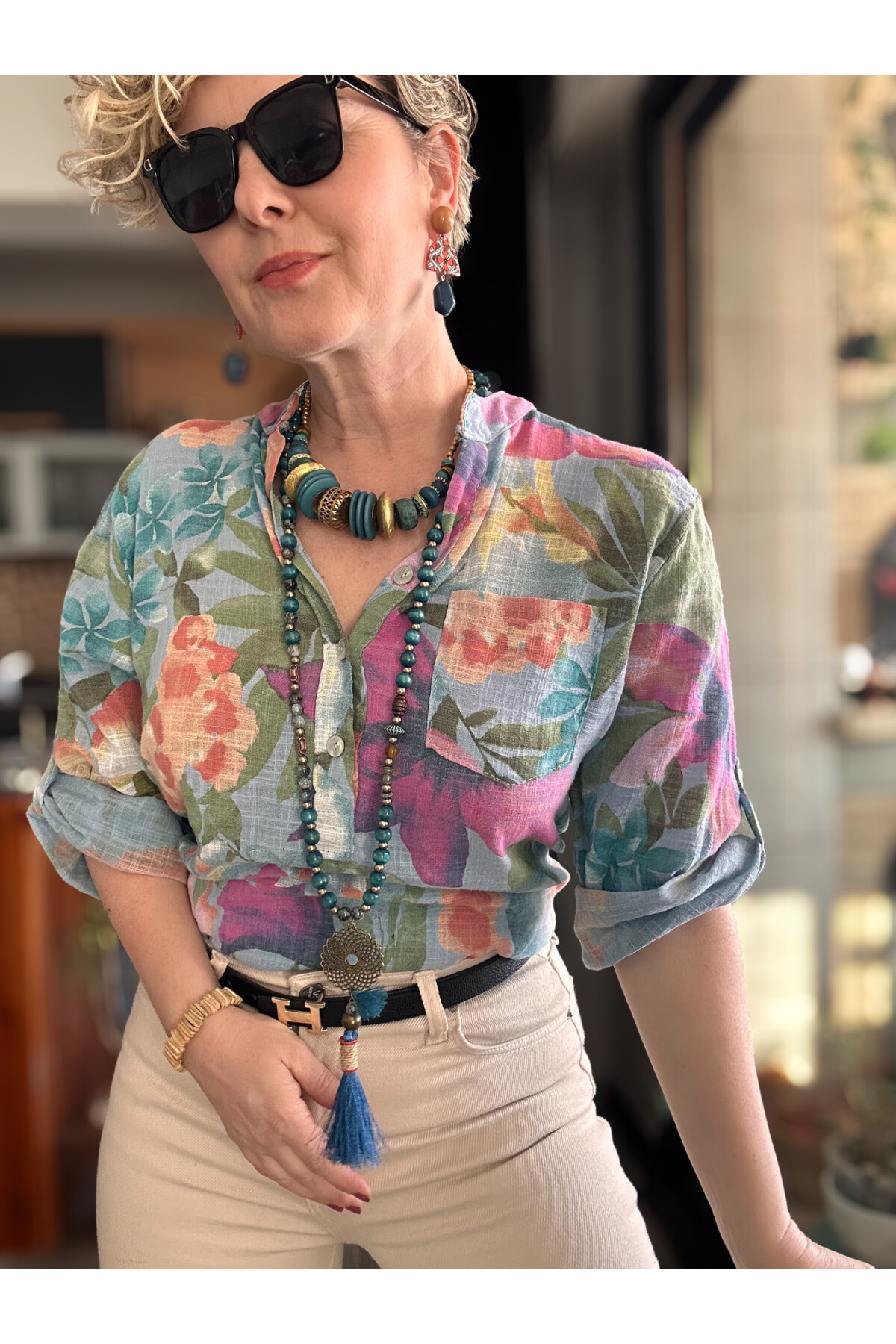 Felli Zambak Desen Desenli İtalyan Gömlek Açık Mavi