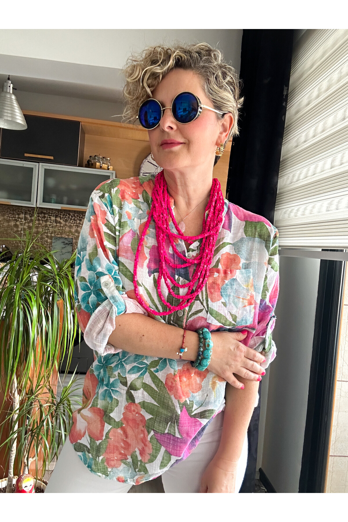 Felli Zambak Desen Desenli İtalyan Gömlek Beyaz