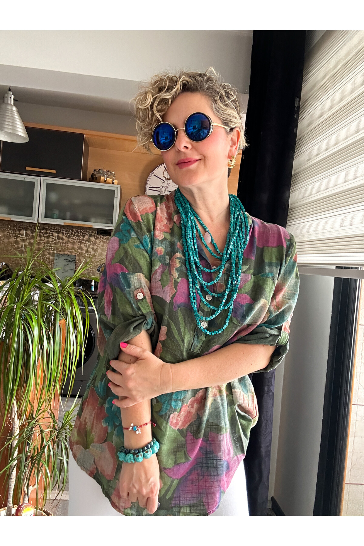 Felli Zambak Desen Desenli İtalyan Gömlek Haki Yeşil