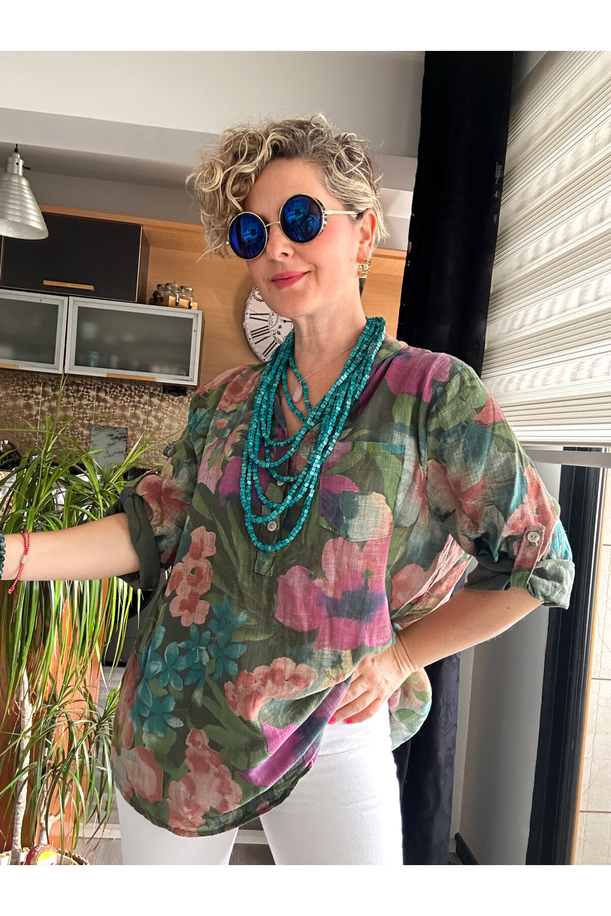 Felli Zambak Desen Desenli İtalyan Gömlek Haki Yeşil