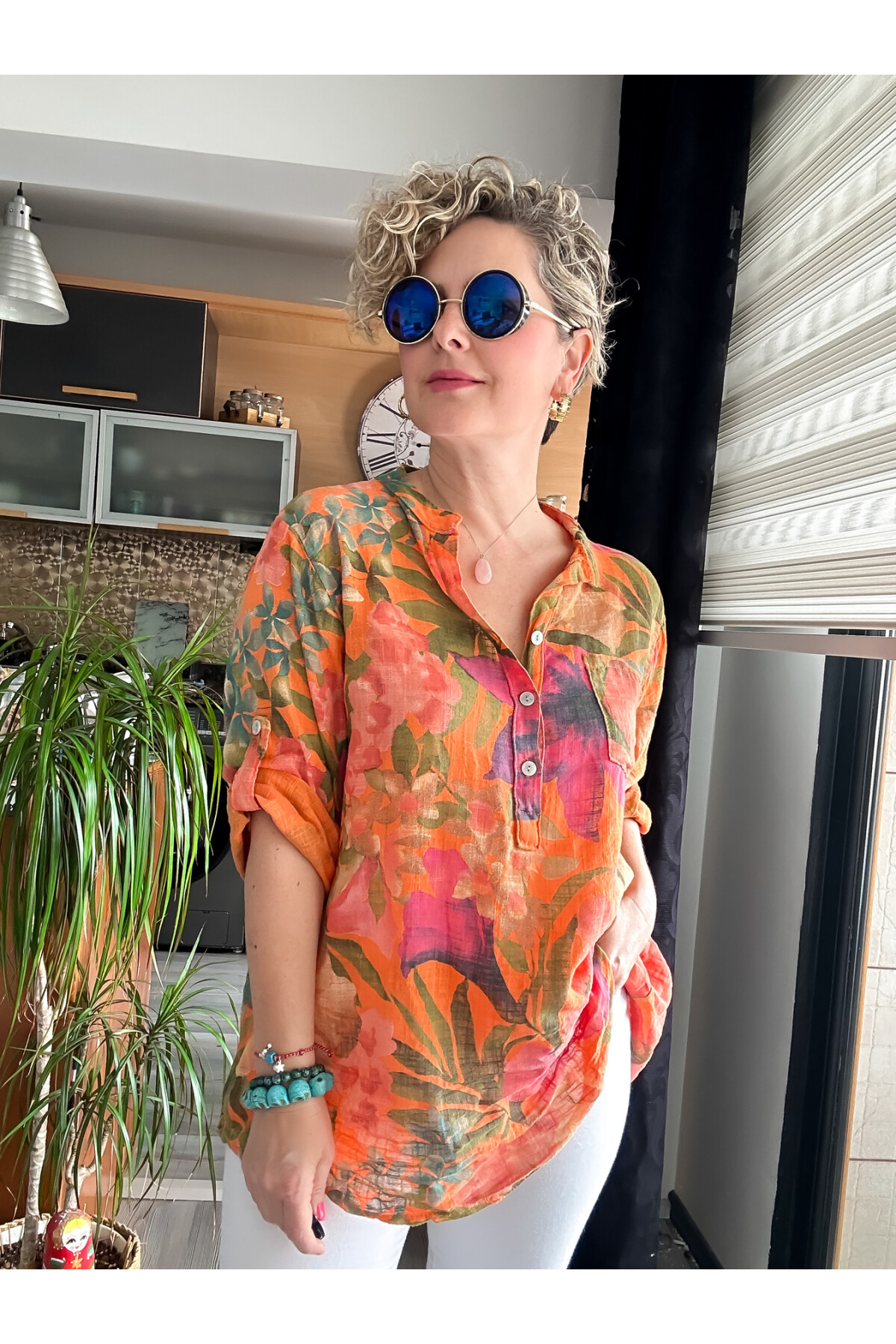 Felli Zambak Desen Desenli İtalyan Gömlek Turuncu