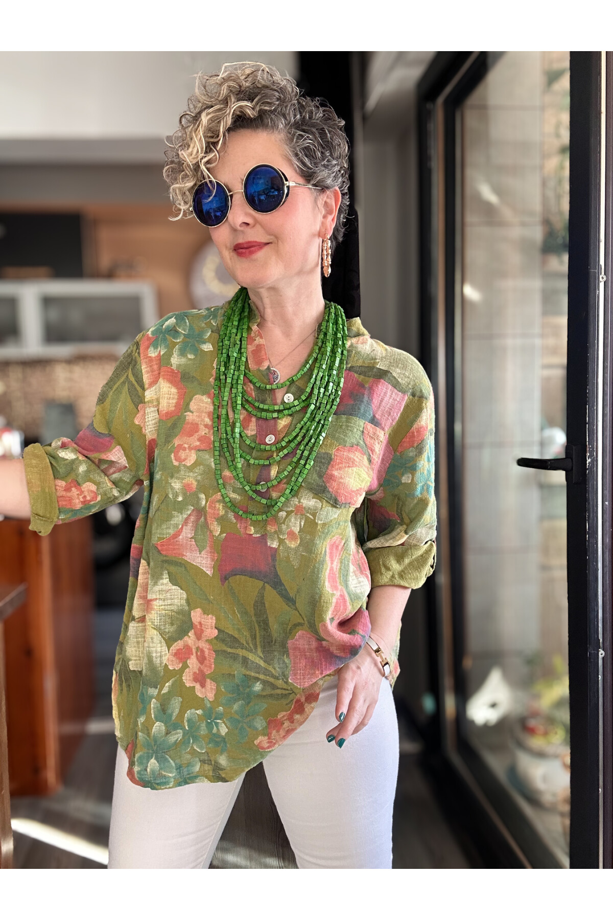 Felli Zambak Desen Desenli İtalyan Gömlek Yağ Yeşil